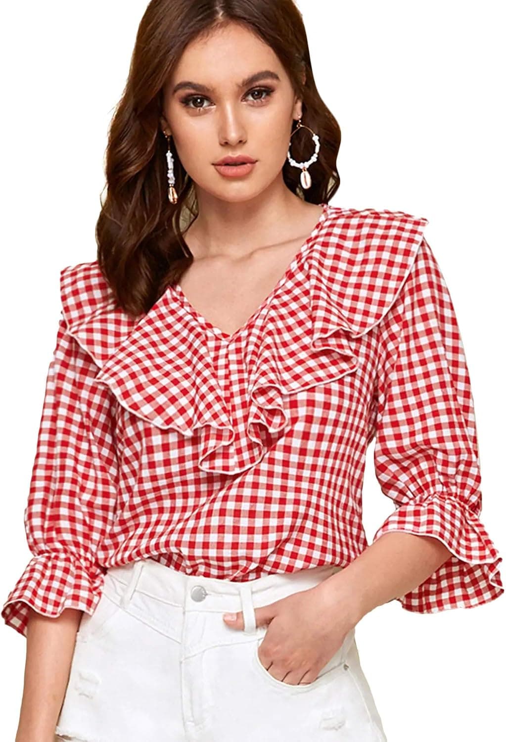 Romwe Women's Elegant Ruffle V Neck Flounce Sleeve Blouse Top