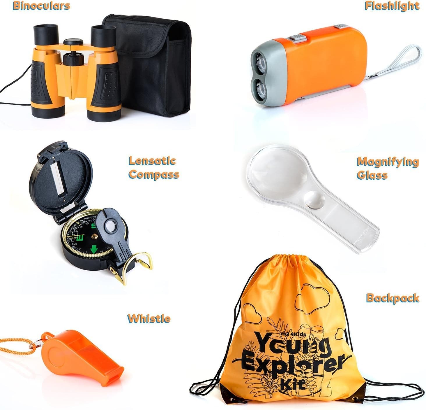 HQ 4KIDS BY: WE 4U - Outdoor Adventure Kit for Kids: Binoculars, Compass, Magnifying Glass & Flashlight. 3-12 Year Old Boys & Girls