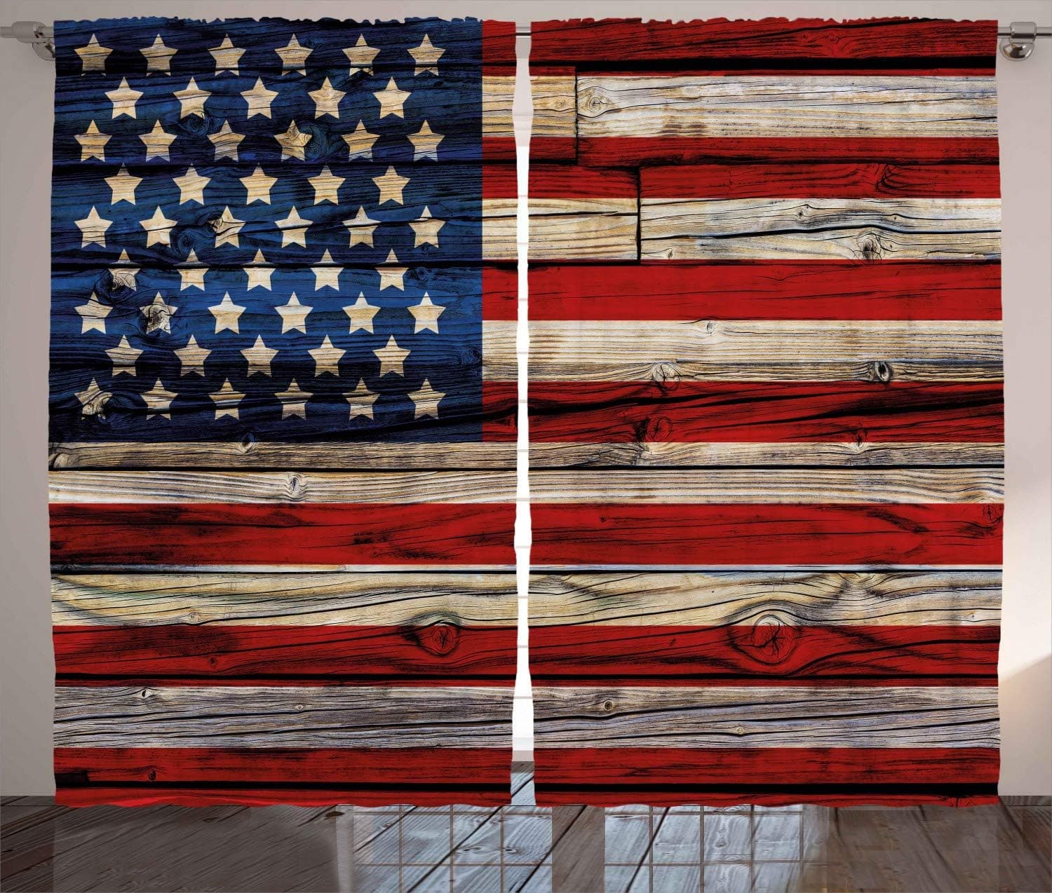 Ambesonne 4th of July Curtains, Wooden Planks Painted as United States Flag Patriotic Country Style, Living Room Bedroom Window Drapes 2 Panel Set, 108" X 84", Red Beige