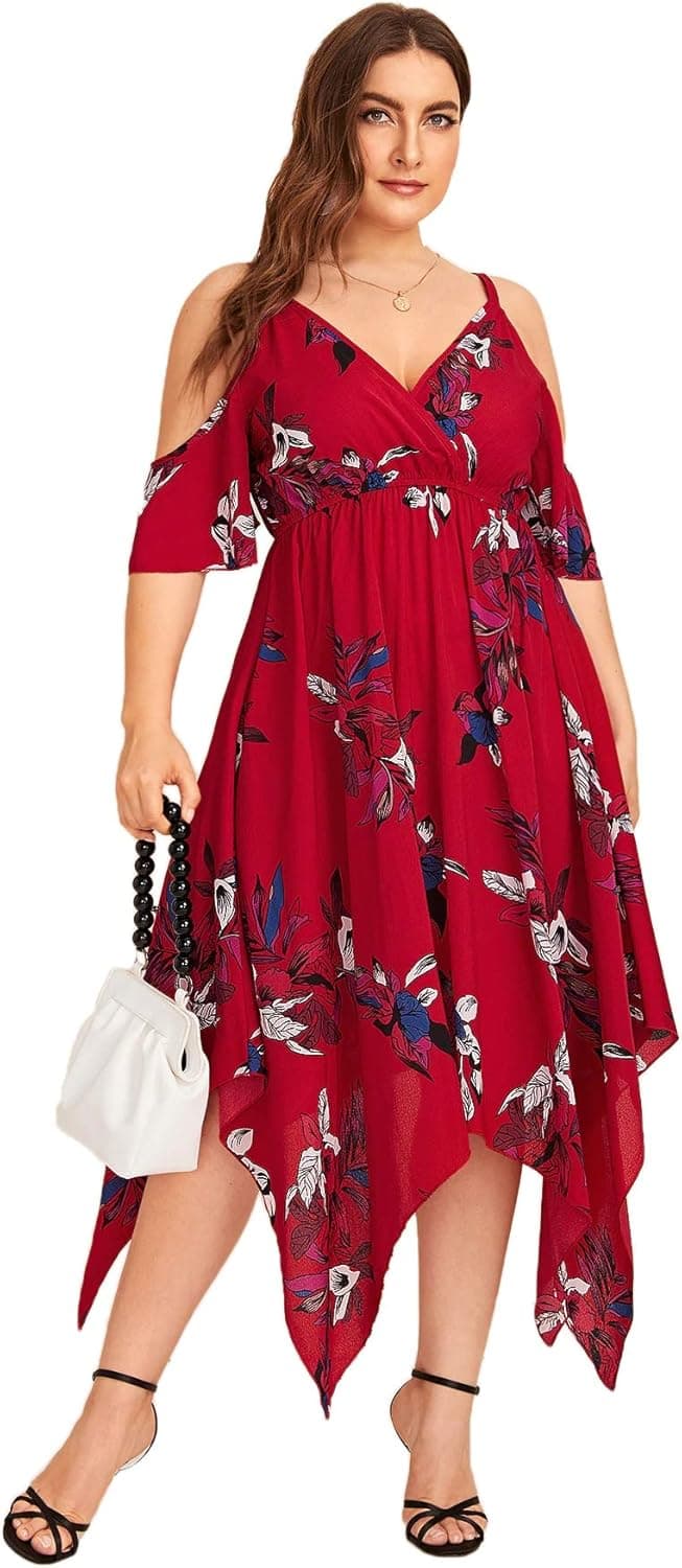 Milumia Women Plus Size Floral Dress Cold Shoulder Tropical Slit Summer Maxi Dress