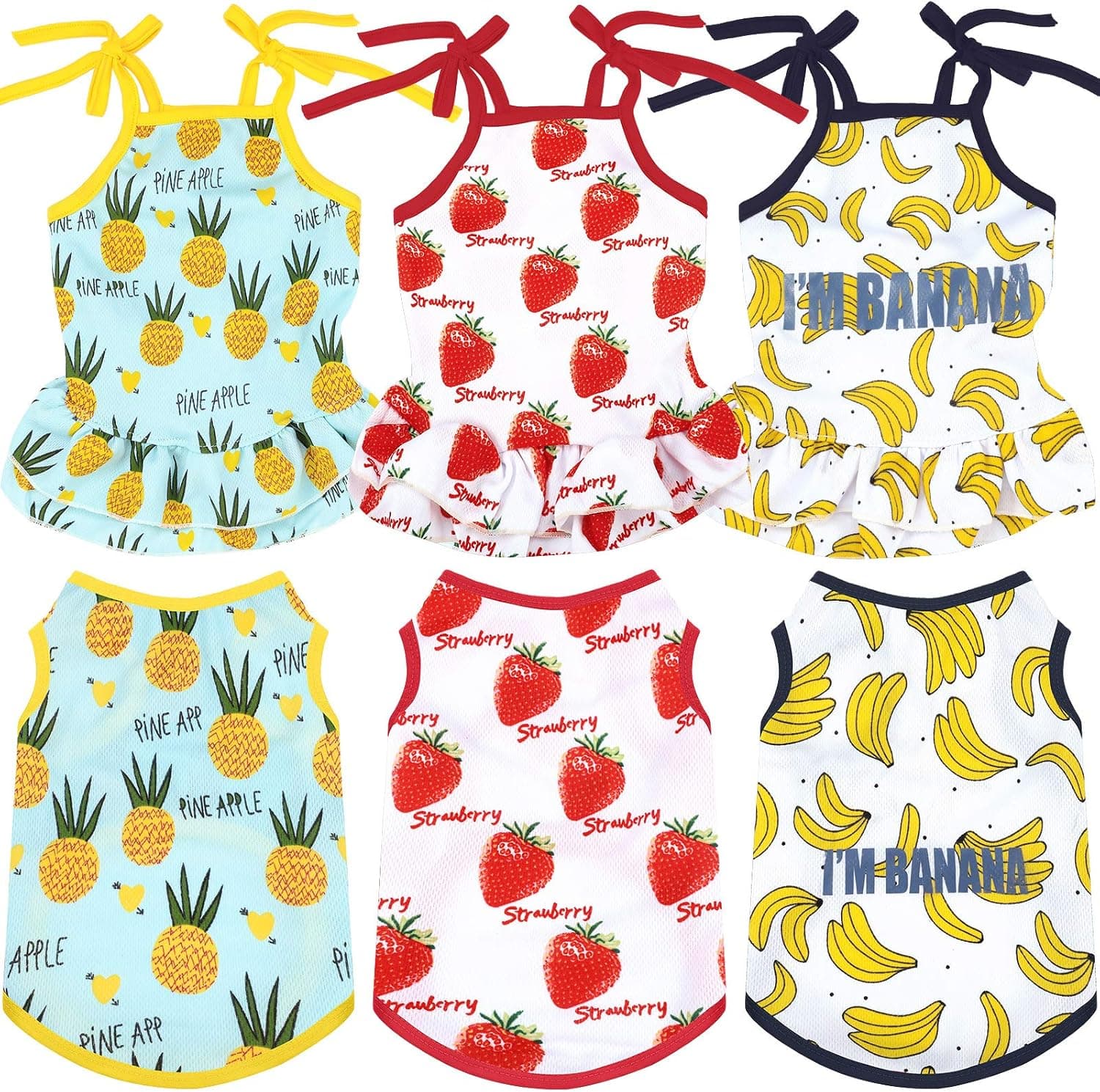 6 Pieces Pet Clothes Set Includes 3 Pieces Cute Pet Dress Lovely Summer Fruit Dog Dress and 3 Pieces Dog Shirts Breathable Pet T-Shirts Puppy Clothes Cat Apparels for Small Dogs Puppy Cats (S Size)