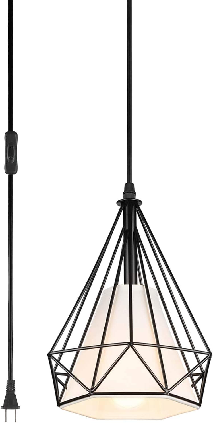 YeLEEiNO Industrial Plug-in Pendant Light Vintage Hanging Ceiling Lighting E26 Chandeliers Fixture with Metal Fabric Cage Shape On/Off Switch for Kitchen Island Dining Room Hallway Farmhouse