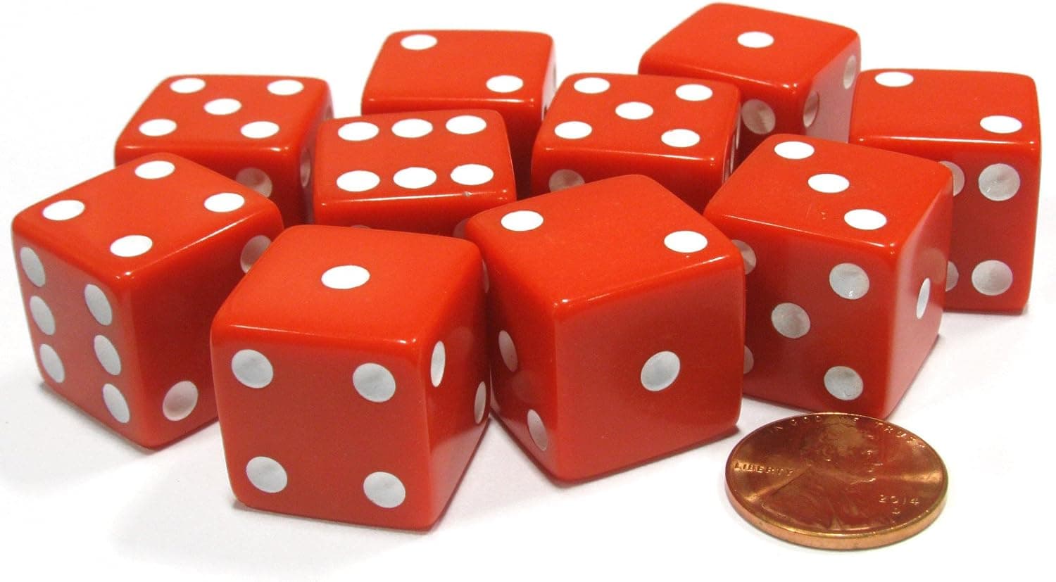 Set of 10 Large Six Sided Square Opaque 19mm D6 Dice - Red with White Pip Die