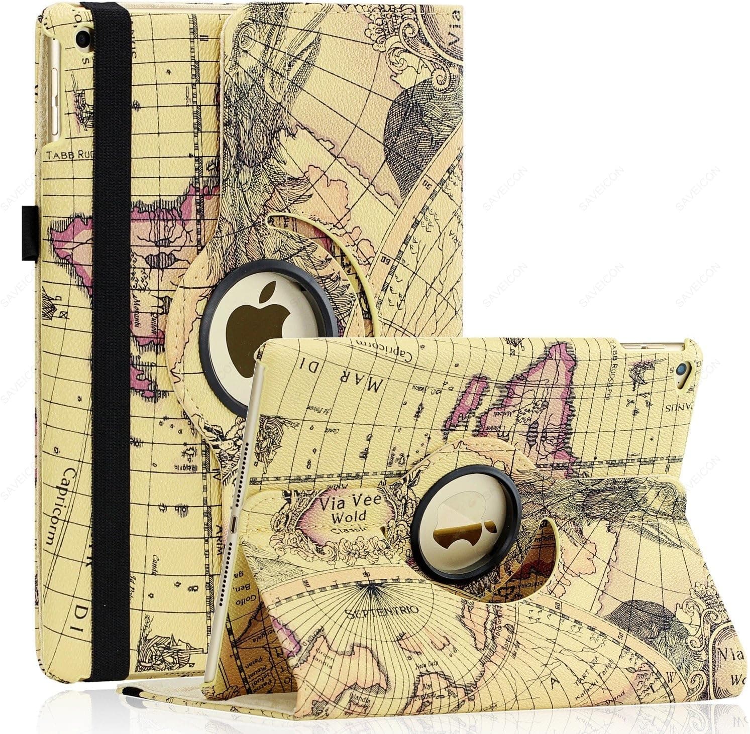 SAWE iPad Air 2 Case (Released 2014), PU Leather Case with 360 Degrees Rotating Swivel Stand Folio Case Smart Cover for New iPad Air 2 2nd Gen with Sleep/Wake Up Feature WiFi & 4G LTE (Map 01)