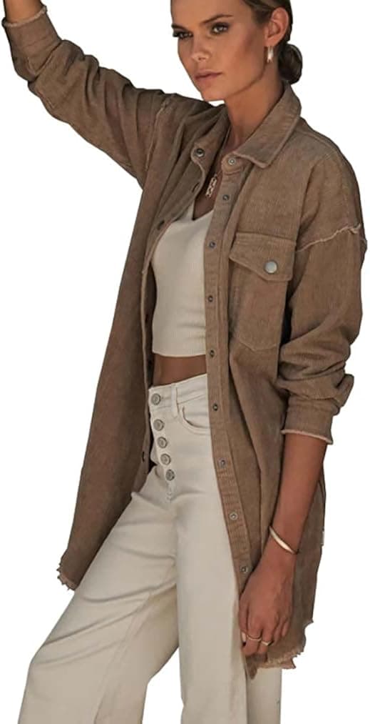 Heltapy Womens Corduroy Shirt Button Down Collared Shacket Jacket Oversized Blouse Tops