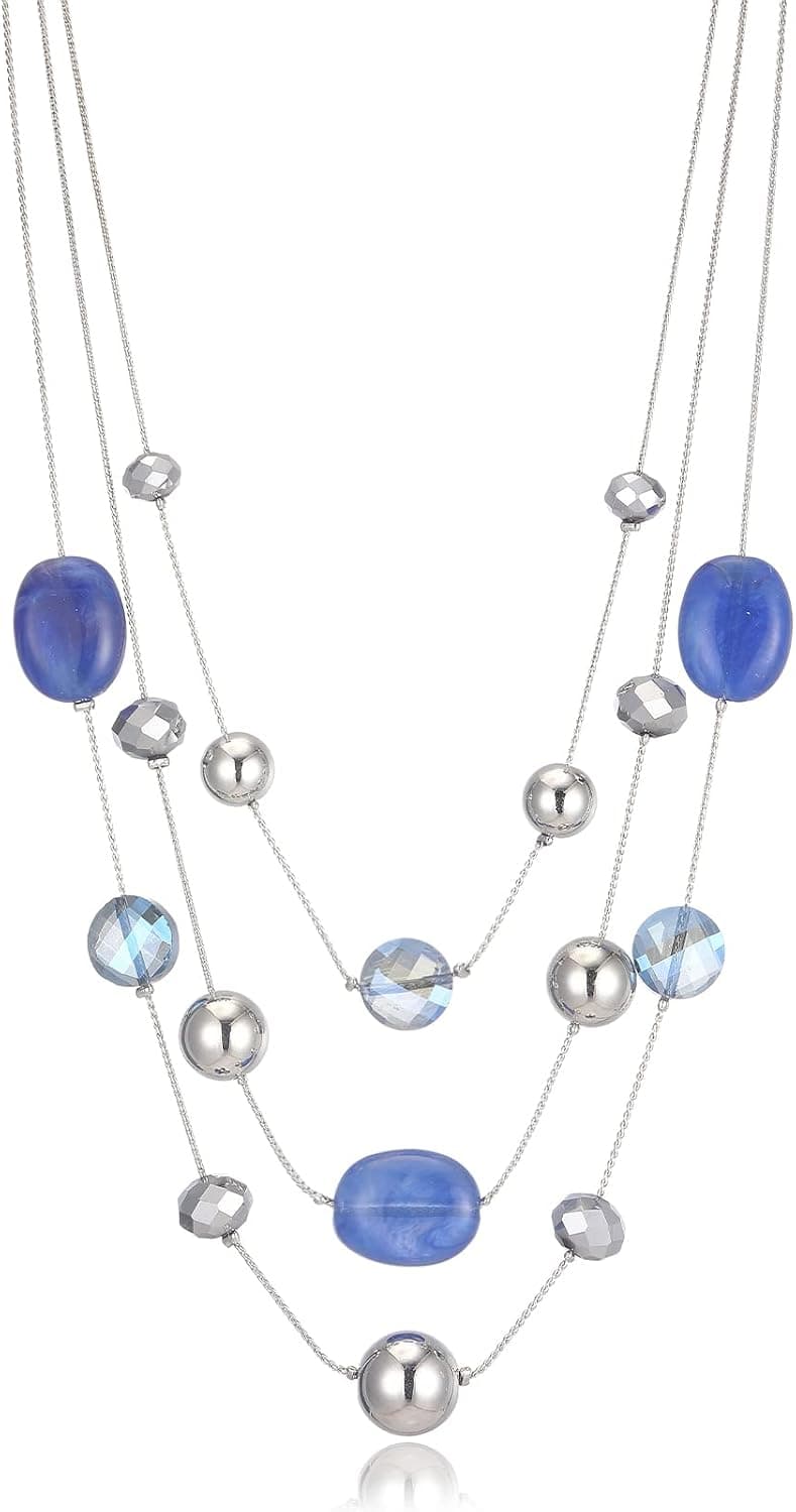 FULU AUTUMN Silver Layered Necklace for Women Crystal Silver Beaded Sweater Strand Chain Necklaces Fashion Jewelry Gifts