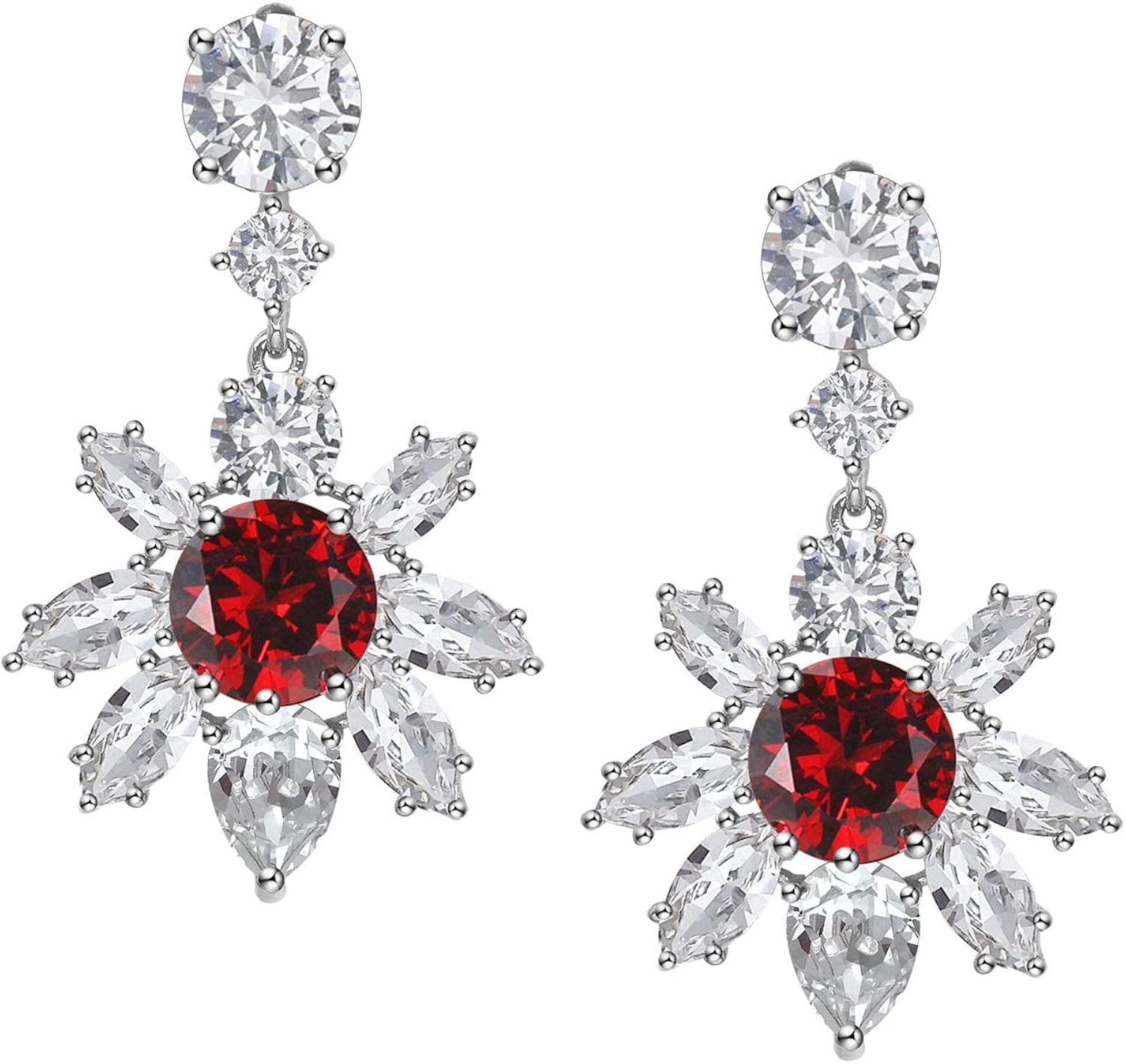 SWEETV Sparkling Cubic Zirconia Dangle Earrings for Wedding,Prom,Brides,Bridesmaids - Sun Flower Crystal Drop Earrings for Women and girls-Ruby