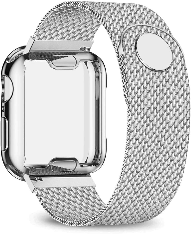 BICASLOVE Band with Screen Protector Compatible with Apple Watch 42mm, Sport Strap with Protective Case for iWatch Series 1/2/3 Silver