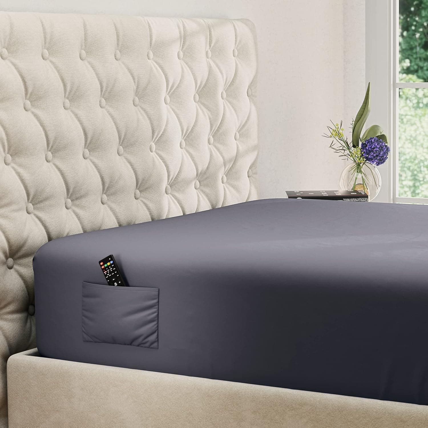 DREAMCARE Twin XL Fitted Sheet - Extra Deep Pocket Fitted Sheet - Fits up to 21 inch Mattress - Deep Pocket Twin XL Sheets - Hotel Luxury - Shrinkage & Fade Resistant - 1 Fitted Sheet Only(Dark Grey)