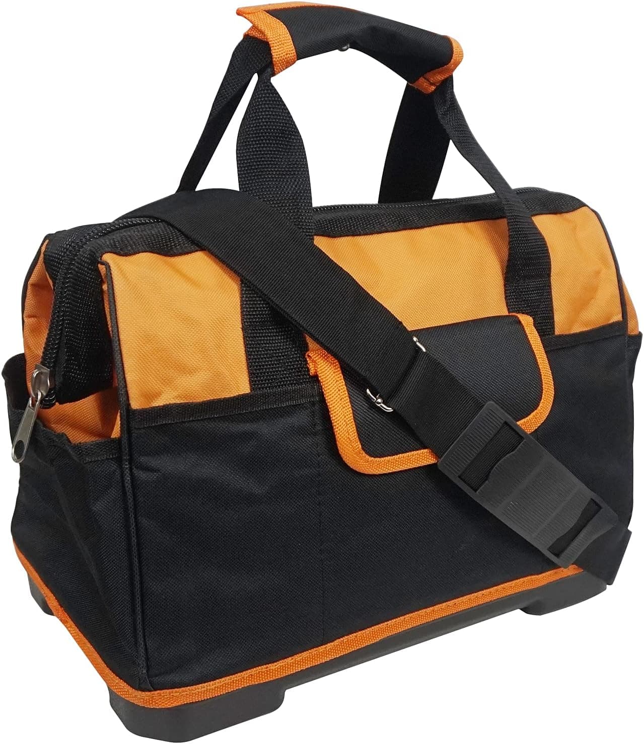 Wide Mouth Tool Storage Bag 14 inches Large Capacity Wearproof with Built-in Thickened Steel Bar Black and Orange