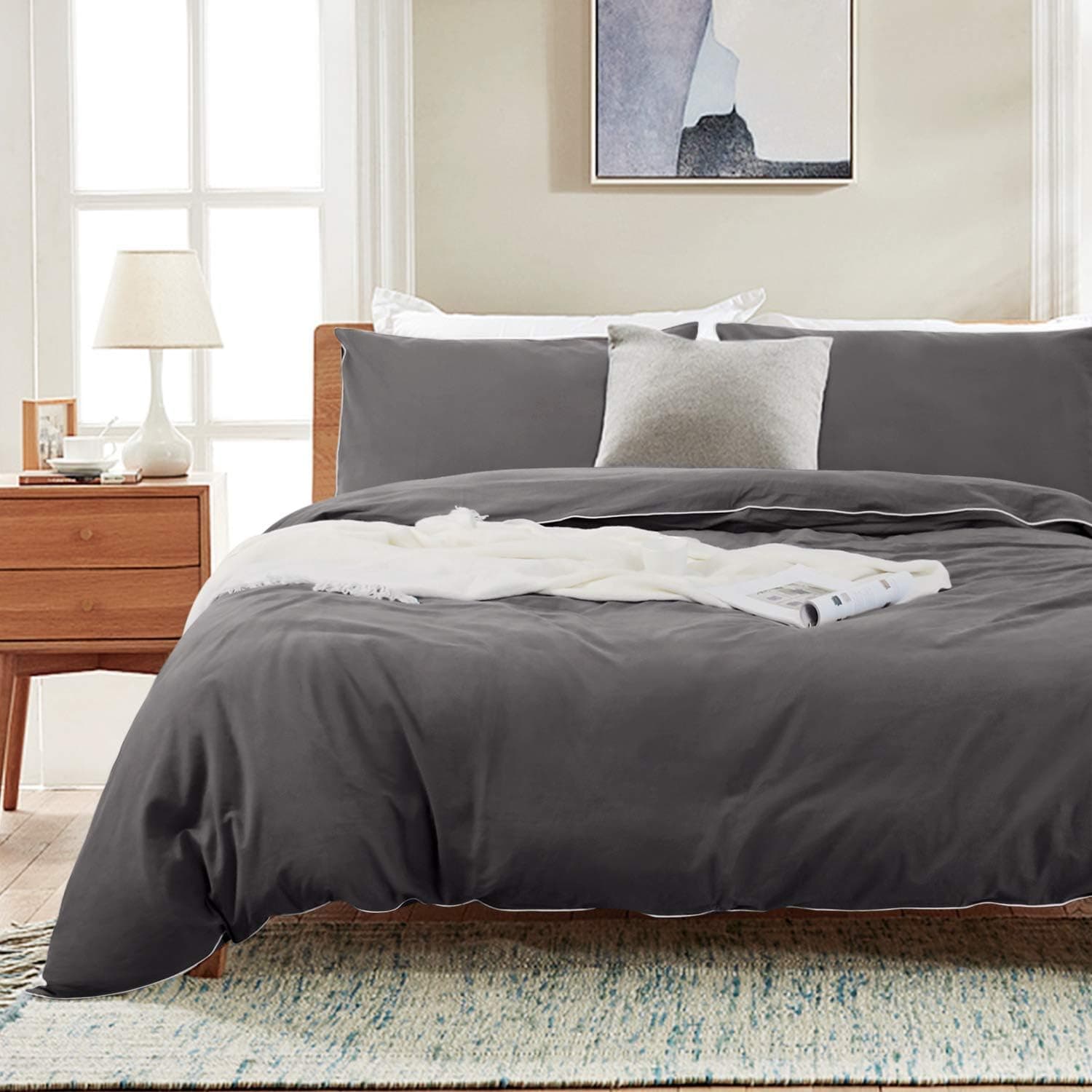 Zerohub 100% Washed Cotton Duvet Cover Set, 3 Pieces 600 Thread Count Ultra Soft Hypoallergenic Comforter Cover with Zipper Closure, Gray, King(No Comforter)