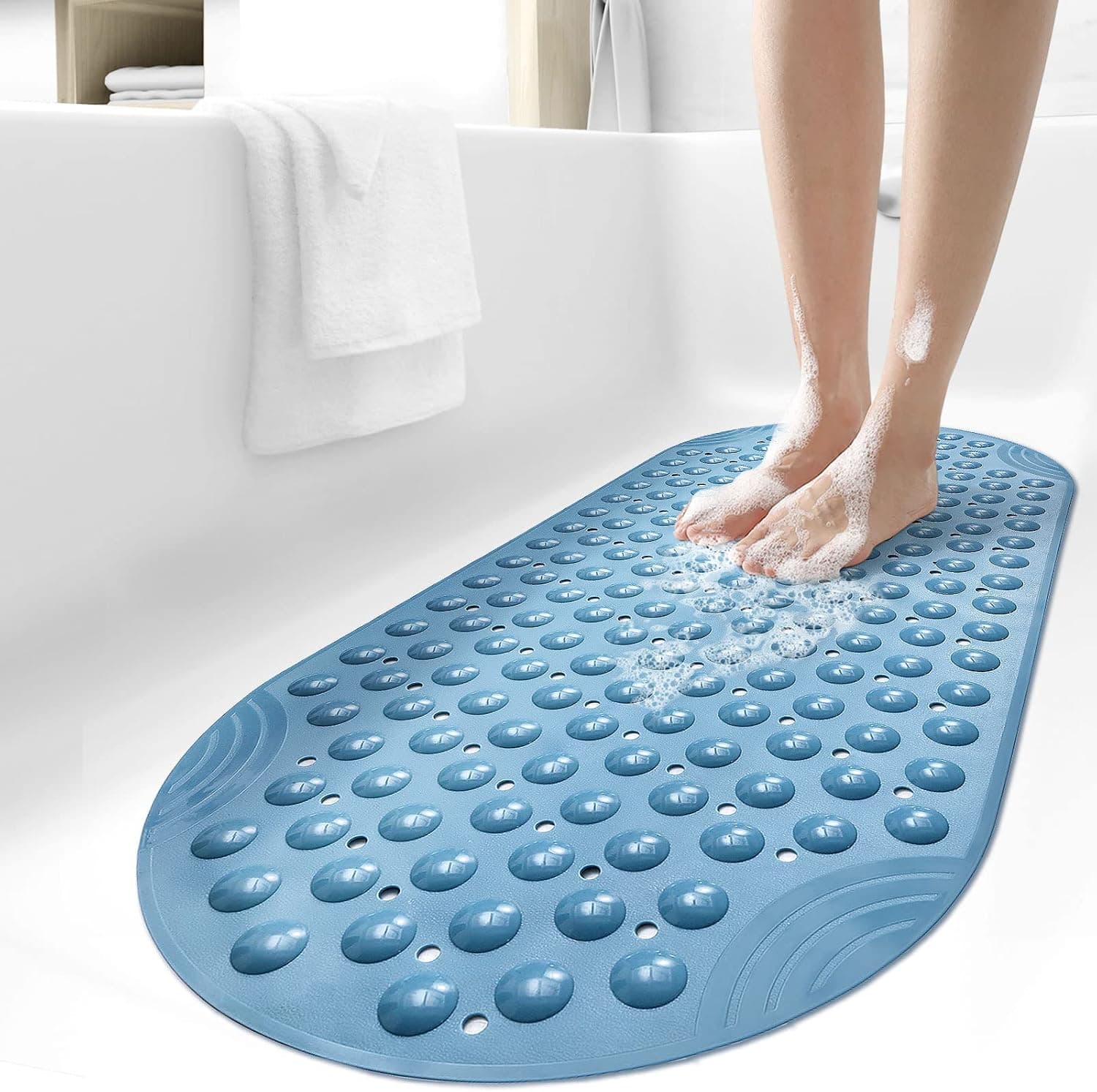 DEXI Bathtub Mat Non Slip Shower Floor Mats for Bathroom Bath Tub Washable Suction Cup 16"x35",Blue
