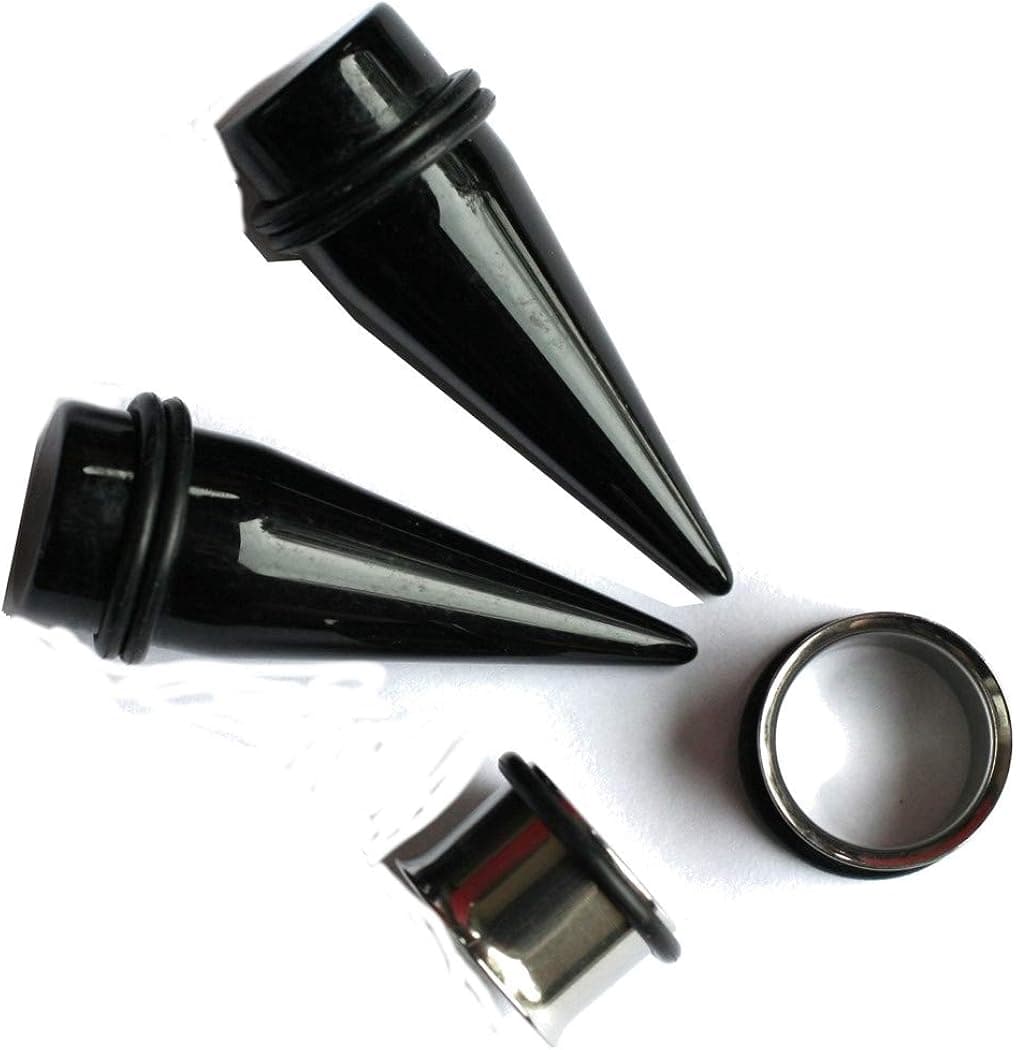 Zaya Body Jewelry 2 Pairs 1g- 1 inch Black Tapers and 316l Steel Tunnels Ear Stretching Kit