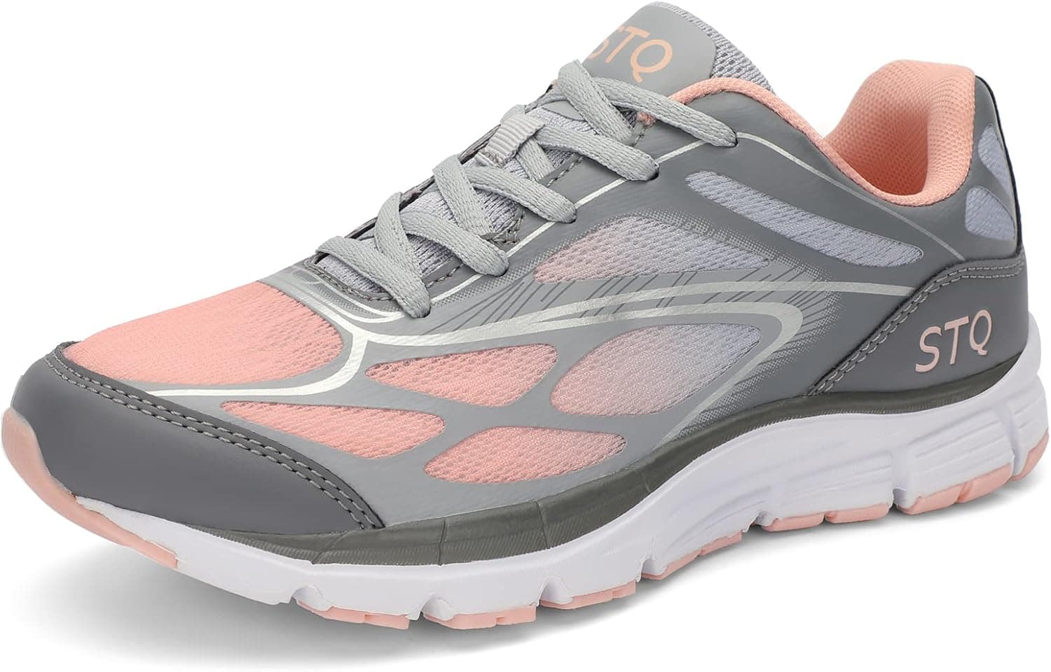 STQ Womens Wasking Shoes Non Slip Running Shoes Lightweight Lace Up Orthopedic Sneakers Grey Pink 8 US