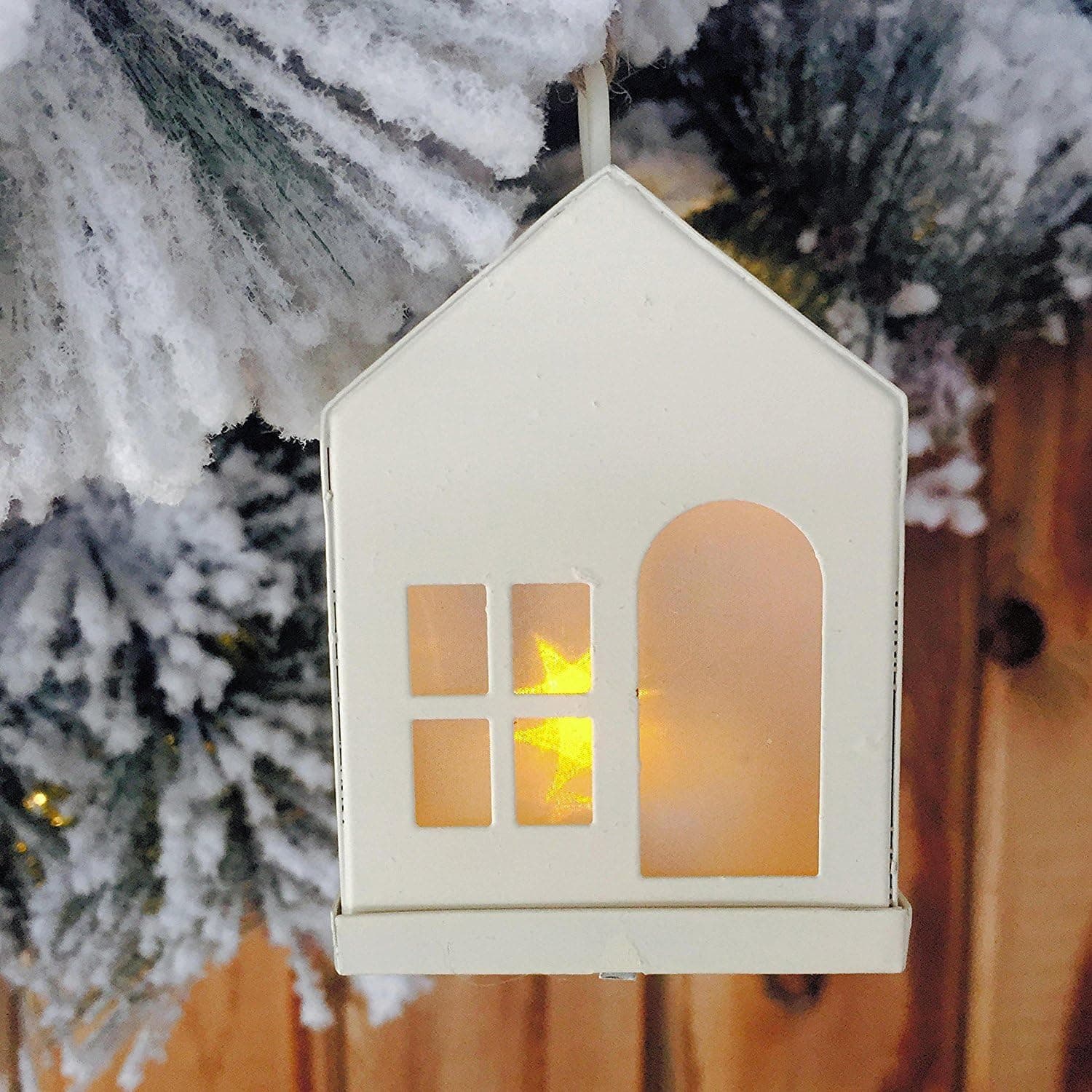 Whole House Worlds The Holiday Home Mini LED Houses, Flickering Golden Holographic Star, Natural Twine Hangers, Rustic White Metal, 3 ½ Inch Tall, Batteries Included, By