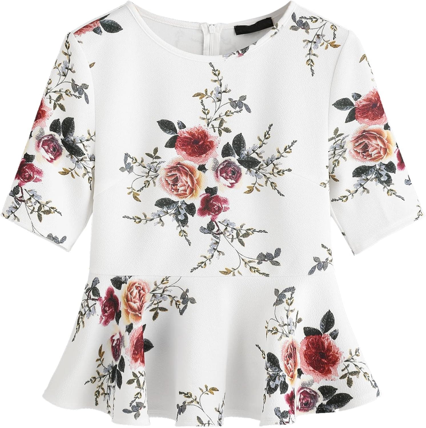 Romwe Women's Cute Floral Print Round Neck Ruffle Hem Peplum Tops