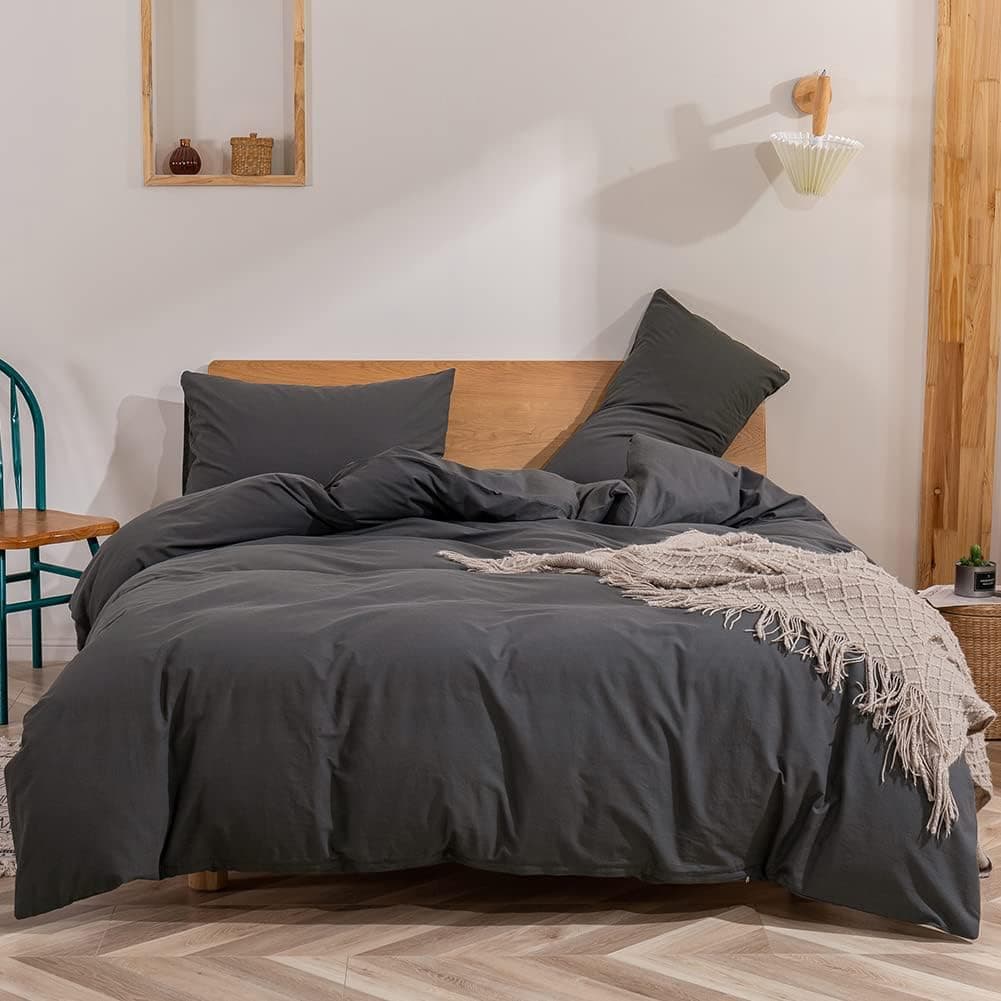BANOOS Ultra Soft Duvet Cover Set Queen Size, 100% Breathable Washed Cotton Comforter Cover Set with Zipper Closure, Skin-Friendly Bedding Set, Grey