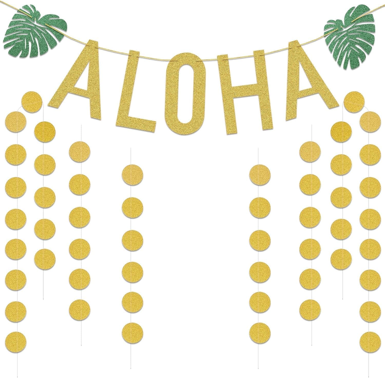 Hawaiian Aloha Party Decorations,Konsait Gold Glitter ALOHA Banner with Palms Leaves and Circle Dots Garland for Hawaiian Tropical Luau Beach Summer Pool Party Decor Supplies(5Pack)