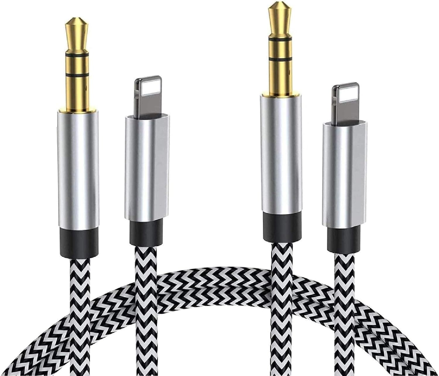 2 Pack [Apple MFi Certified] Aux Cord Compatible with iPhone 13/13 Pro/12/12 Pro/11/SE/XS/XR/X/8/7/6, Lightning to 3.5mm Nylon Braided Aux Audio Cable to Car/Home Stereo, Speaker, Headphone - Silver