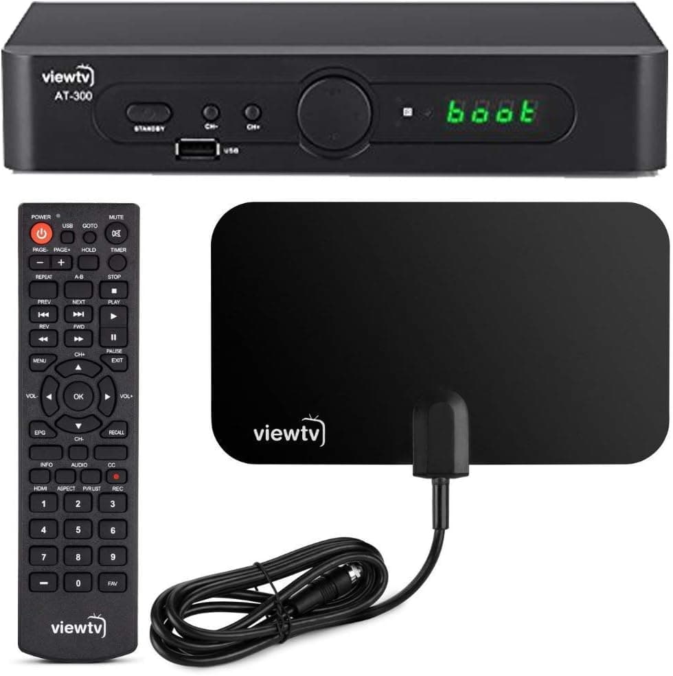 ViewTV AT-300 ATSC Digital TV Converter Box Bundle with ViewTV 25 Mile Flat HD Digital Indoor TV Antenna and HDMI Cable w/Recording PVR Function/HDMI Out/Coaxial Out/Composite Out/USB Input