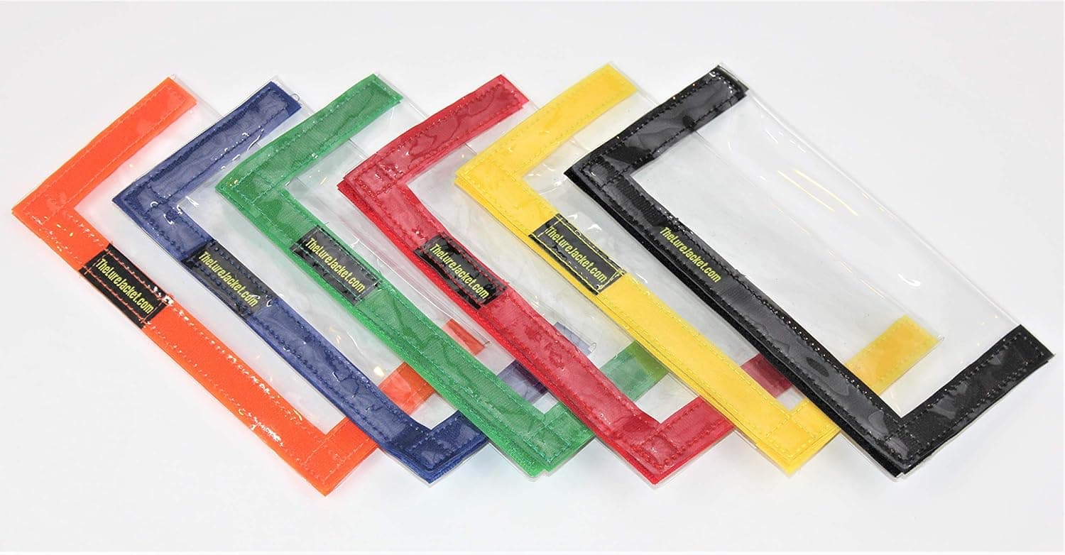 The Lure Jacket Value 3-Pack (3-Colors) - 8" L x 8" W Keeps Children, Pets and Fishermen Safe from Sharp Hooks! Clear PVC with 3/4" Hook & Loop in 6 Colors!