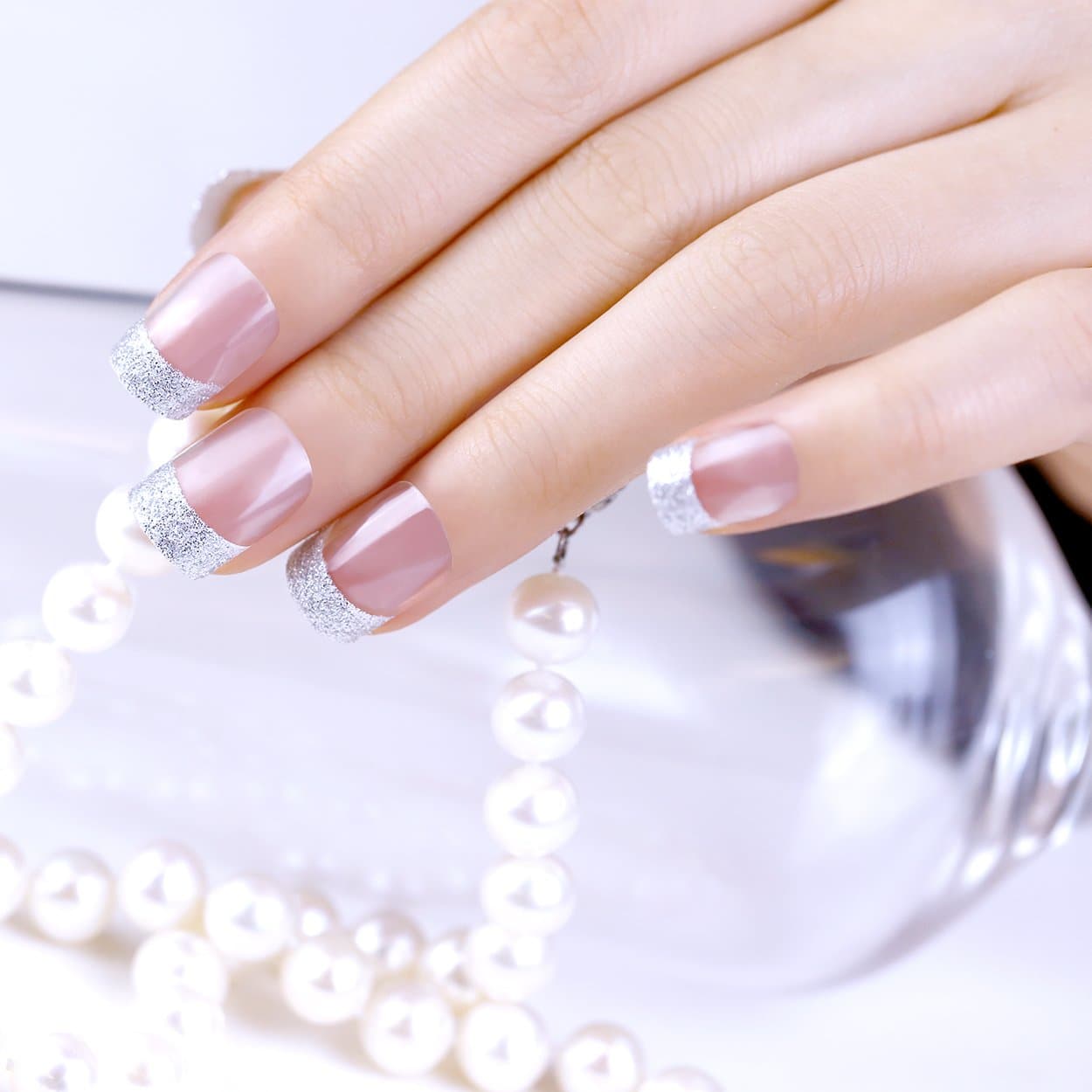 ArtPlus 24pcs Silver Edge Elegant Touch French Manicure False Nails with Glue Full Cover Medium Length Fake Nails Art