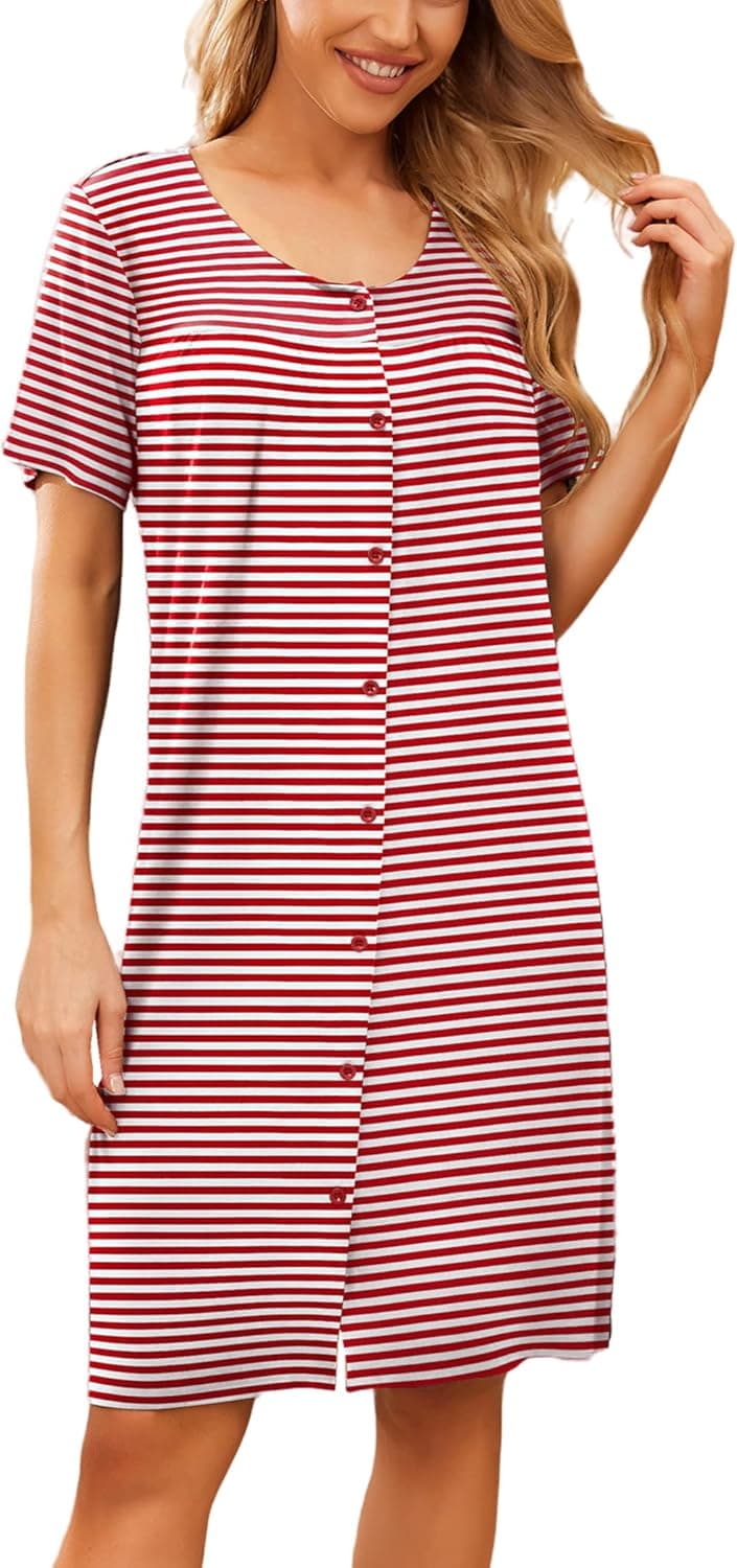 Ekouaer Women's Striped Robe Short Sleeve Button Down Nightgown Soft Sleepwear Housecoat and House Dress S-XXL