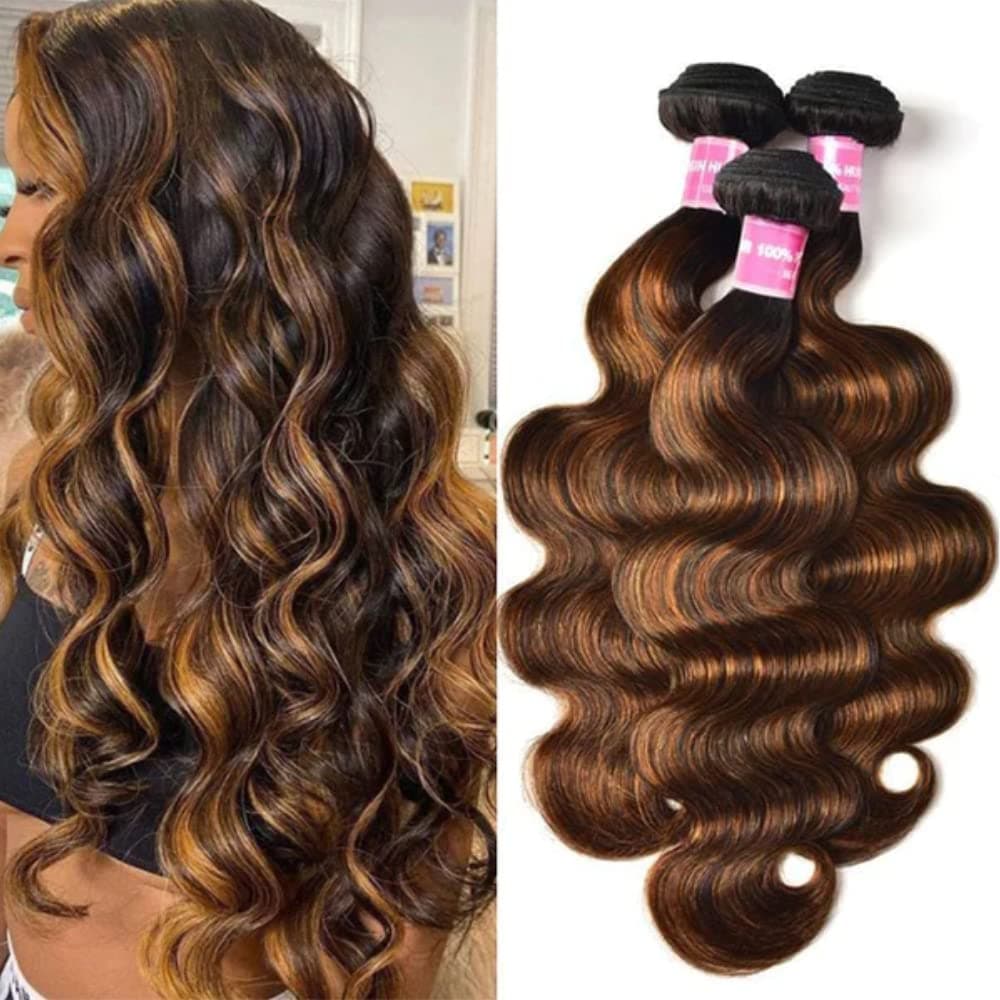 KLAIYI Ombre Balayage Brown Bundles Body Wave Human Hair Weaves 3 Bundles 16 18 20 inch, Highlight Blonde Brazilian Virgin Hair Ombre Blonde Human Hair Extensions Wavy Weaves Sew in Piano Color TFB30
