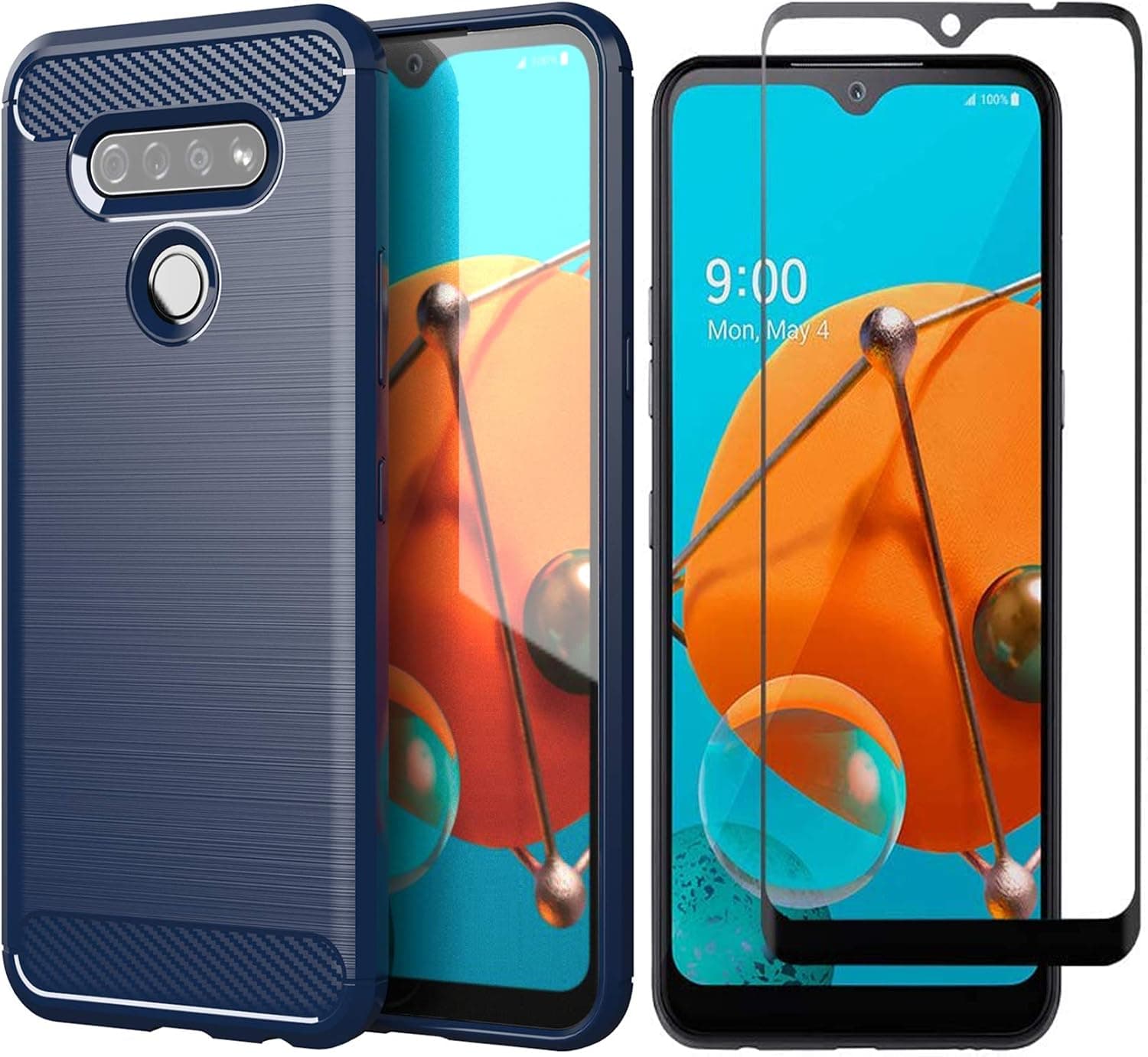 PhuLok Compatible with LG K51 Case with Tempered Glass Screen Protector, Slim Soft TPU Rugged Durable Anti-Fingerprint Non-Slip Protective Case(Navy Blue)