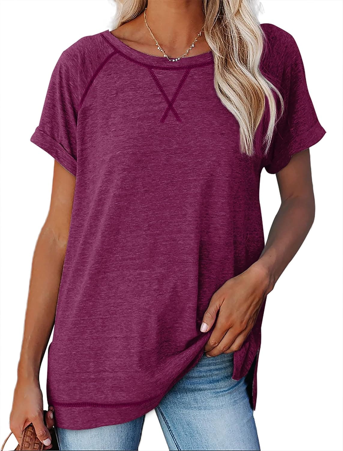 Aokosor Womens Summer Tops Lightweight Short Sleeve Tshirts Crewneck Split Side