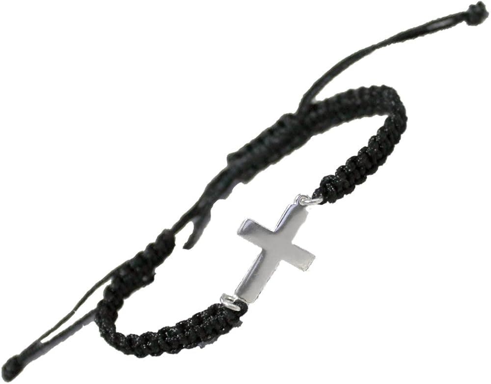 Sterling Silver Greek Orthodox Cross with Rosary (Komboskini) Style Adjustable Macrame Bracelet, Handmade in Greece