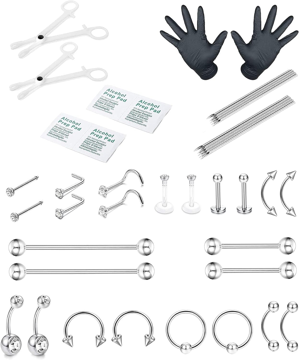 Jstyle 42Pcs Professional Piercing Kit Stainless Steel Belly Button Rings Nose Ring Lip Tongue Tragus Cartilage Helix Daith Eyebrow Ring Body Jewelry 14G/16G/20G