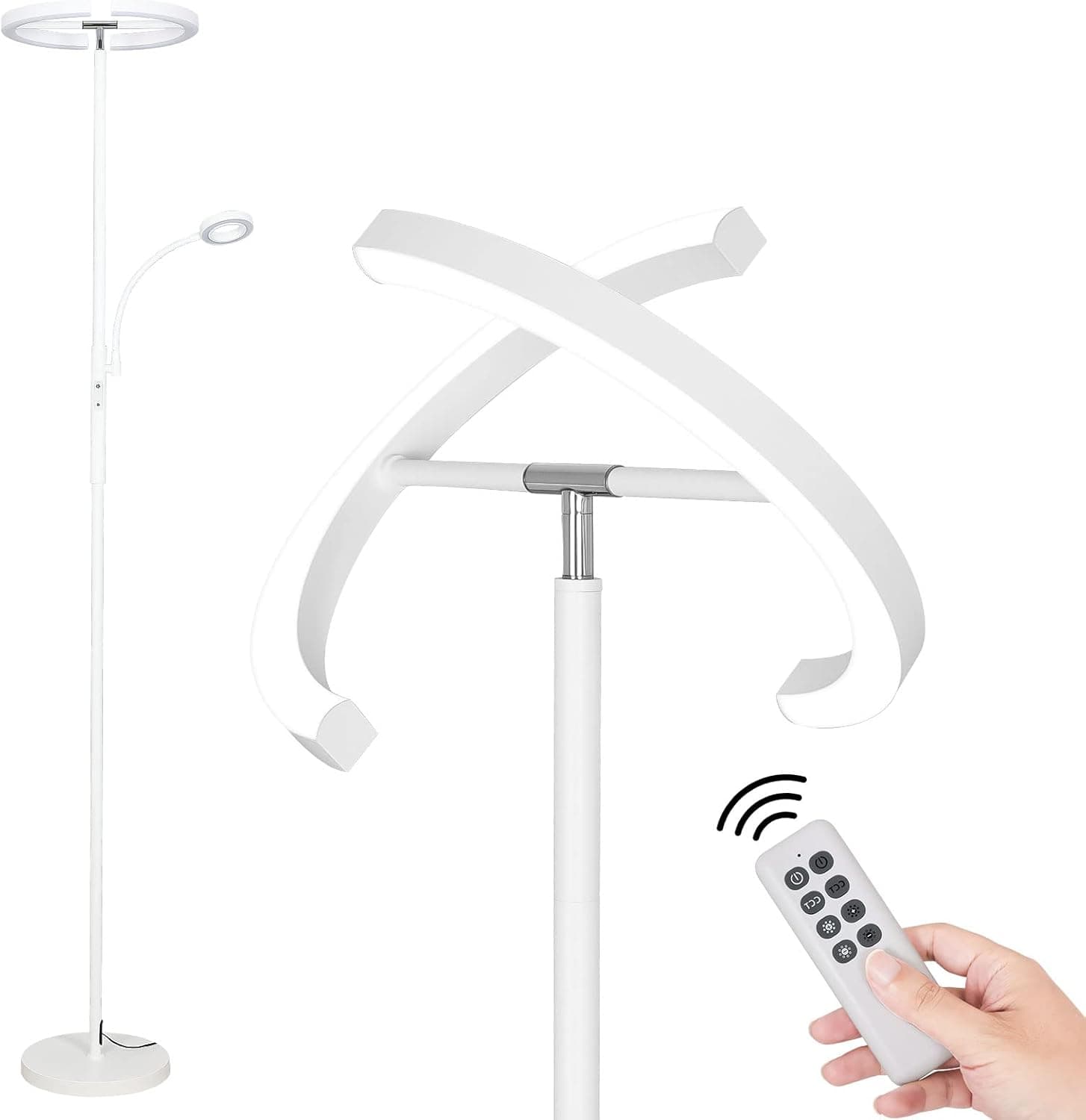 Ganiude LED Floor Lamp with Reading Light, Modern Rotatable Standing Lamp with 4 Color Temperature and Stepless Dimming, Touch and Remote Control, Tall Pole Lamp for Bedroom, Living Room (White)