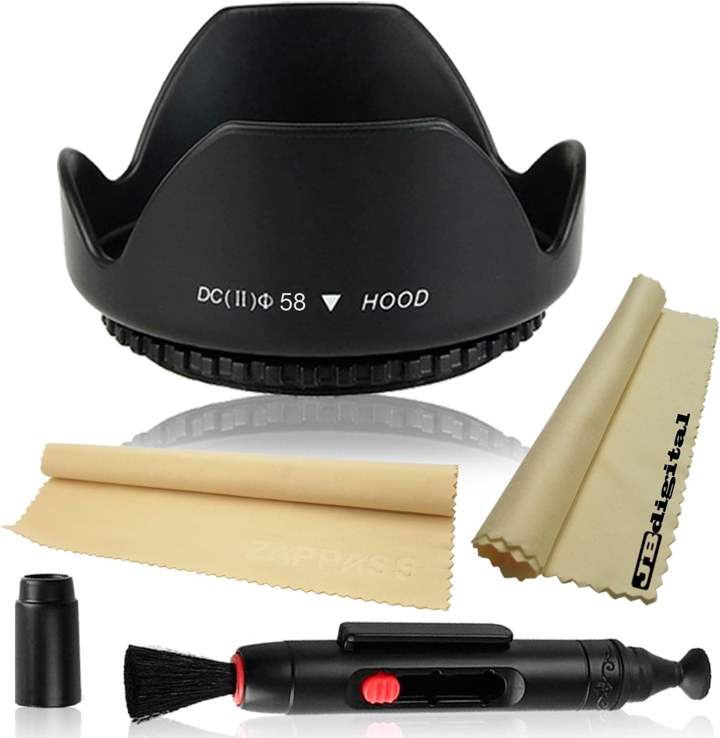 58MM Professional Tulip Flower Lens Hood for CANON EOS Rebel T5i T4i T3i T3 T2i T1i, CANON Digital Rebel XT XTi XS XSi, CANON EOS 700D 650D 600D 550D 500D 60D 30D 20D 10D 7D 5D Mark III 5D Mark II 6D 1D With Lens Cleaning Pen And 2 JB Digital Microfiber Cleaning Cloths