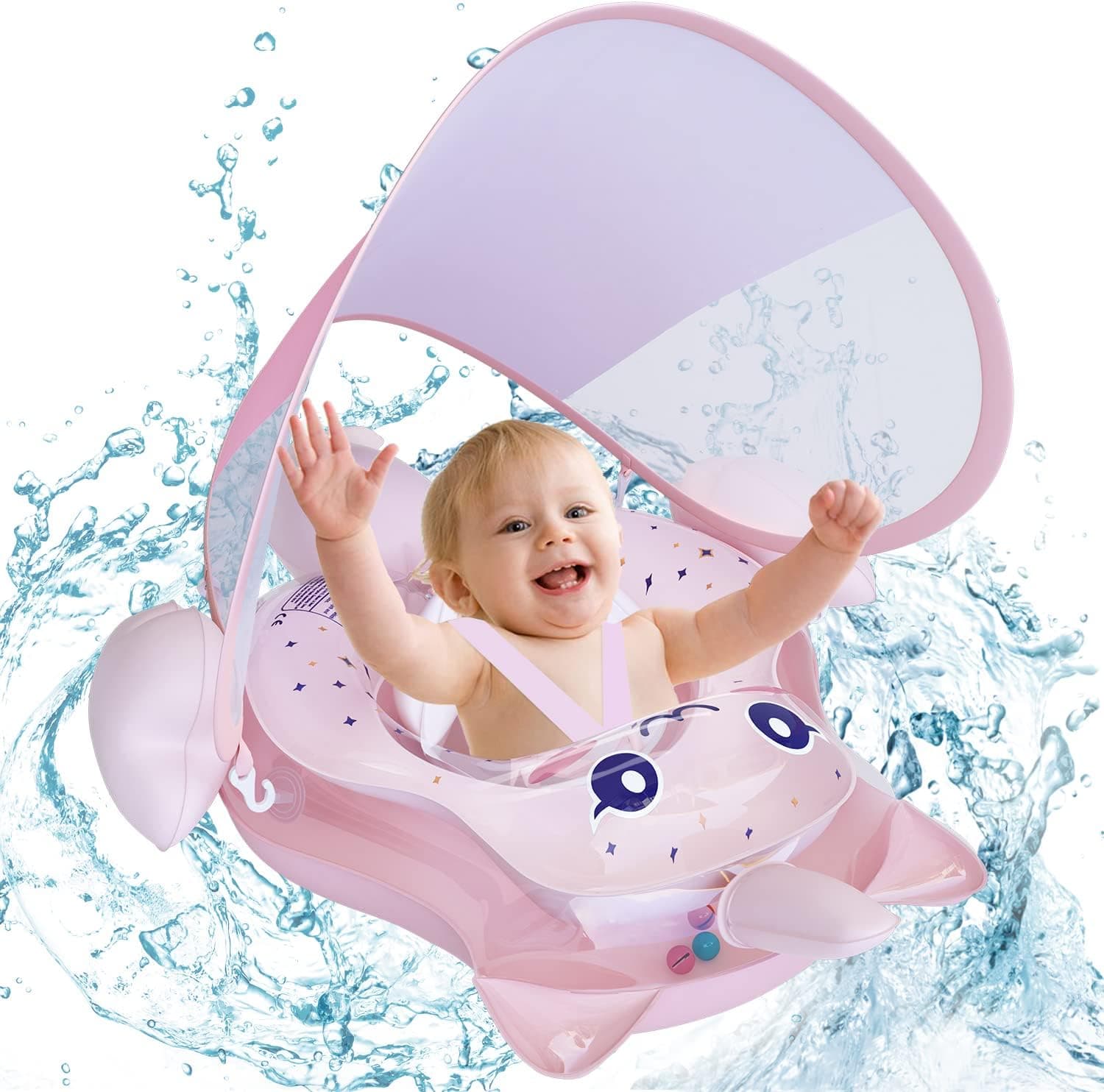 Baby Pool Float - Infant Inflatable Swimming Floaties with UPF50+ Sun Canopy - Bottom Support and Anti-Flip Tail for Safer Swim for Newborn Age 3-36 Months Toddler (Pink, XL)