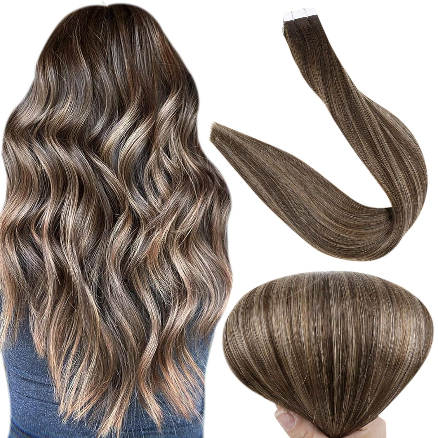 Tape On Hair Extensions 20 Inch Tape In Human Hair Color 2 Fading to 8 Ash Brown Highlight 2 Darkest Brown Skin Weft Hair Extensions 50 Grams 20Pcs Brazilian Hair Tape in Extensions