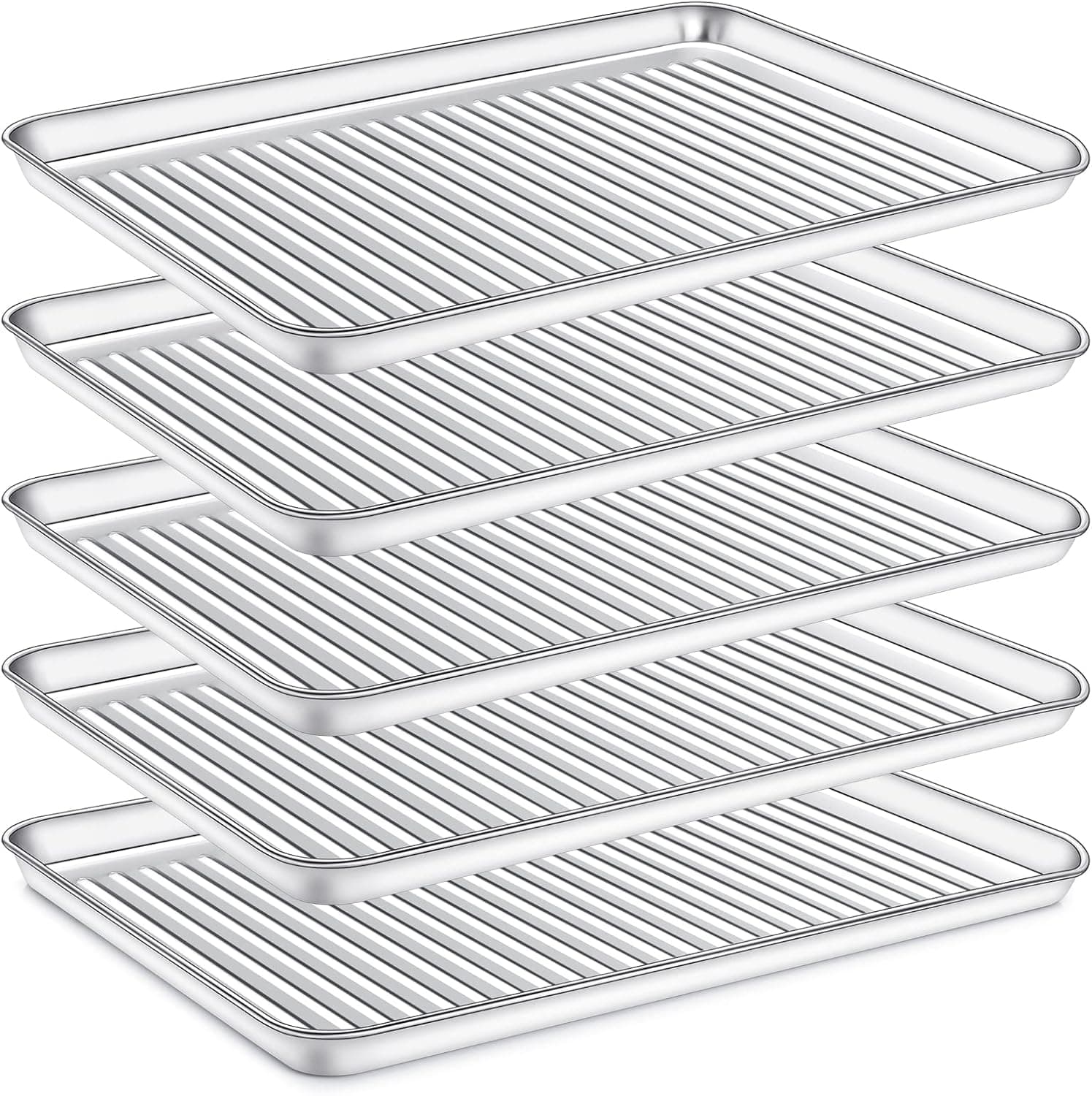 Sheet Pan 5 Pieces, Bastwe Stainless Steel Baking Pan Tray Cookie Sheet, Non Toxic, Rust Free, Mirror Finish, Easy Clean, Dishwasher Safe, Size 17.3 x 12.3 x 1 Inches