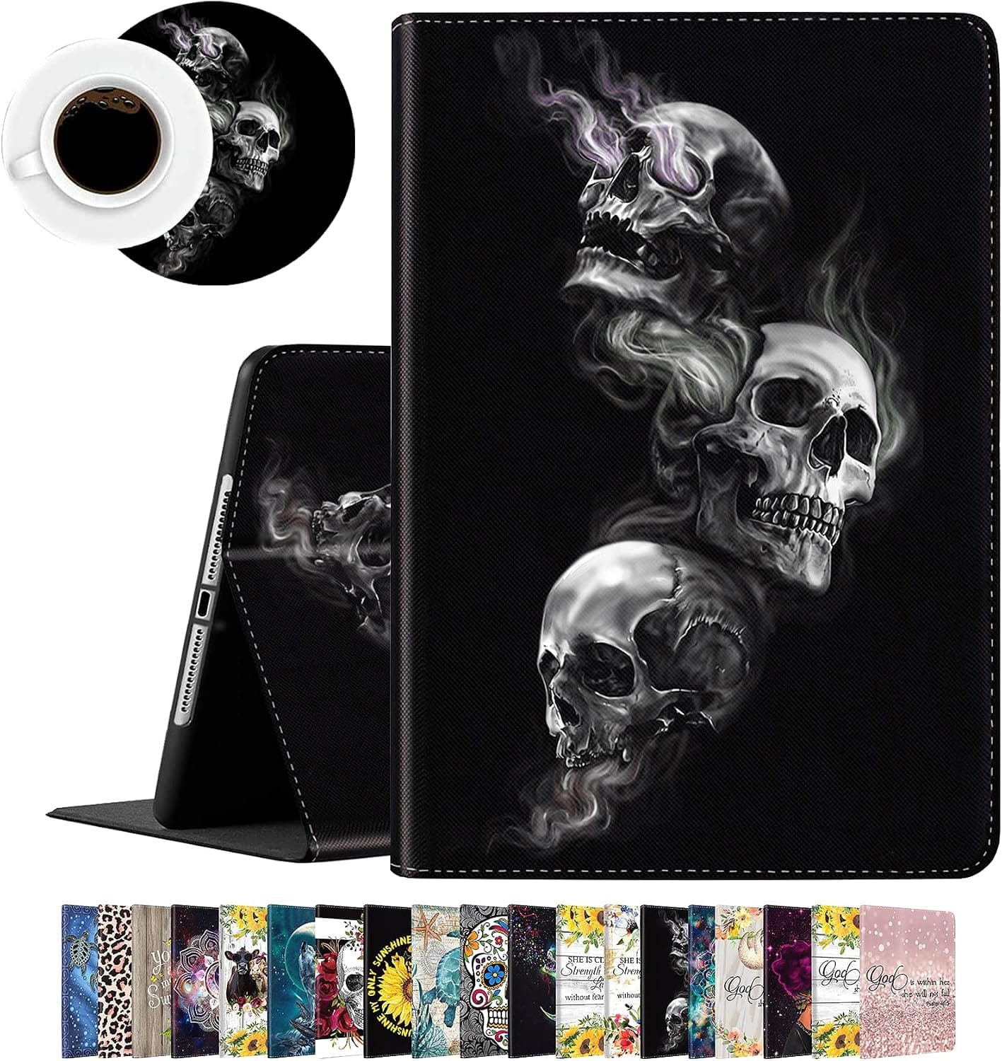 iPad 9.7 Case 2018 iPad 6th Generation / 2017 iPad 5th Generation Case, Pro 9.7 Case,iPad Air 2 Case, iPad Air Case - Stand Folio Cover Case for Apple iPad 9.7 inch and Coasters Set, Smoking Skull