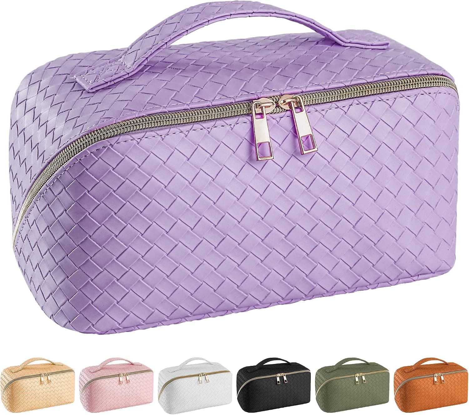 Nhmpretty Large Capacity Travel Cosmetic Bag - Makeup Bag, PU Leather Waterproof Cosmetic Bags, Women Portable Travel Makeup Bag With Handle and Divider Flat Lay make up bag (Purple)