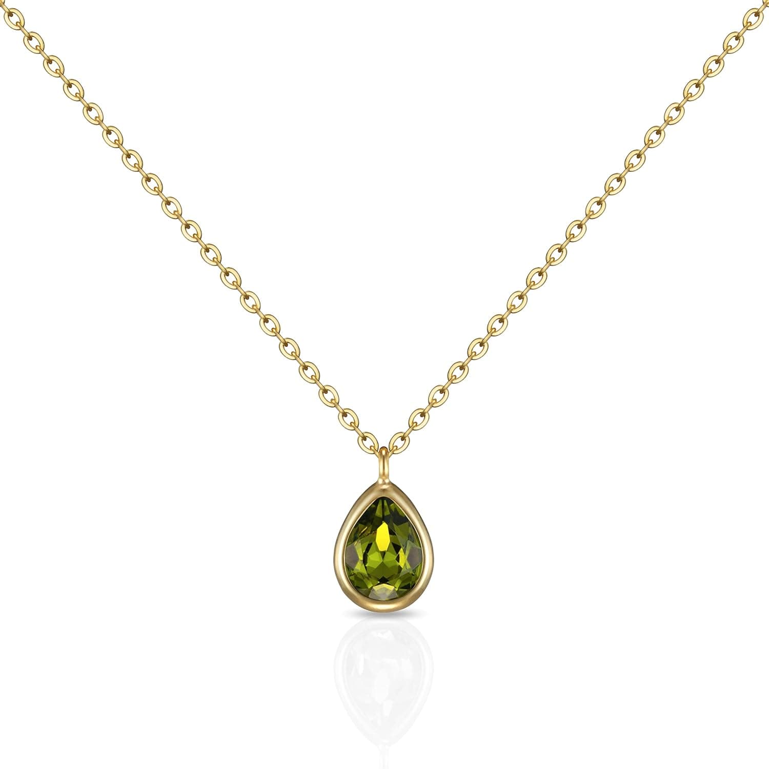 Hiima Seoul 18k Gold Plated August Birthstone Necklaces for Girls / Cubic Zirconia Gemstone Crystal from SWAROVSKI / Waterdrop Tear Pear Shape Pendant Necklace / Peridot Green Pendant Gold Necklace for Women/ Giftbox / Holiday Birthday Gift