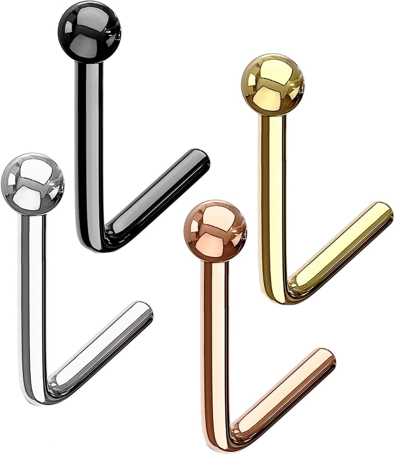 MoBody 4PCS L-Shaped Nose Screw Stud Set 18G-20G Surgical Stainless Steel Top Body Piercing Value Pack