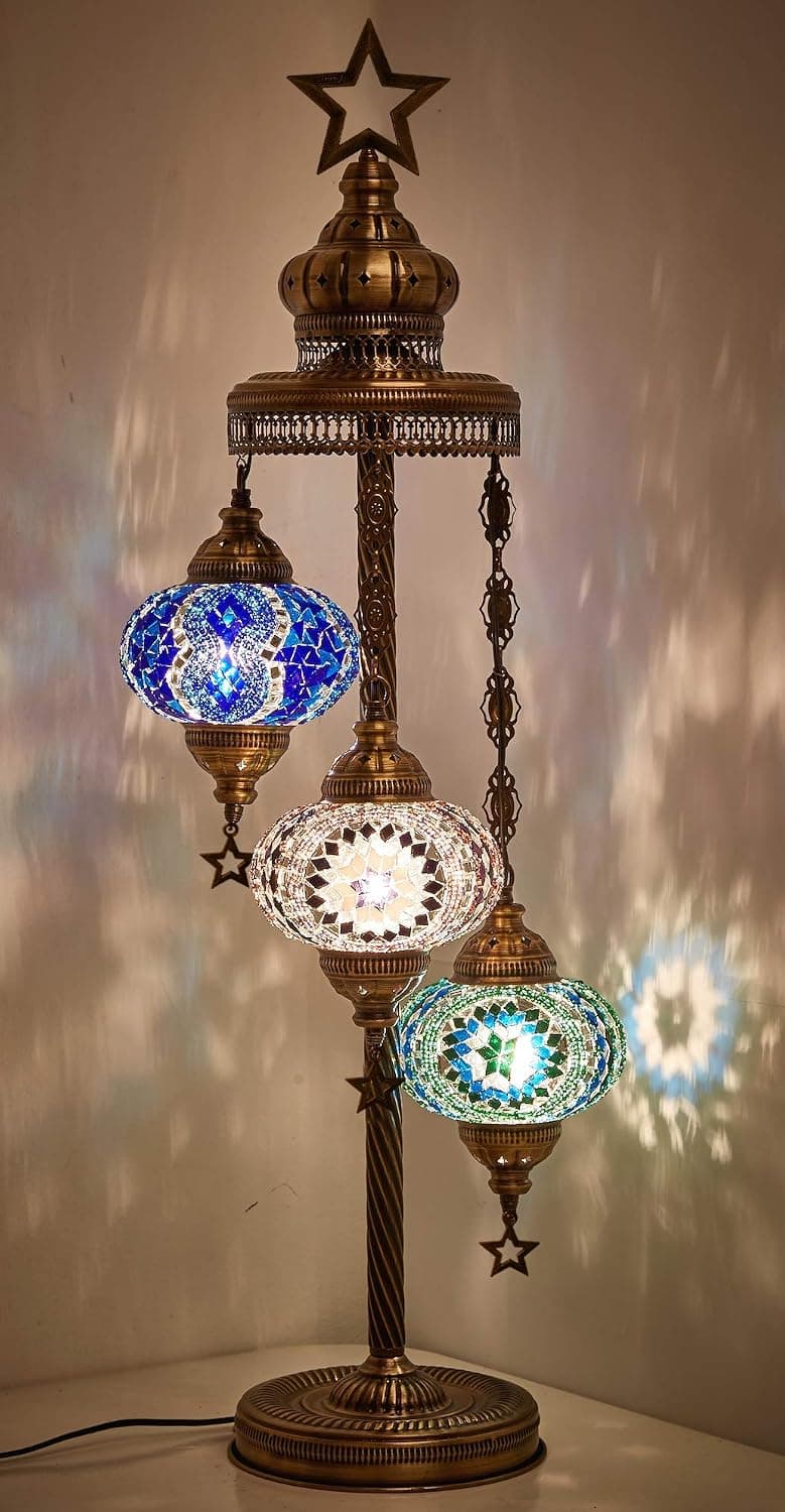 DEMMEX 19 Colors - 3 Big Globes Turkish Moroccan Mosaic Tiffany Floor Table Lamp for North American Use, 37" (Purple Teal Blue)