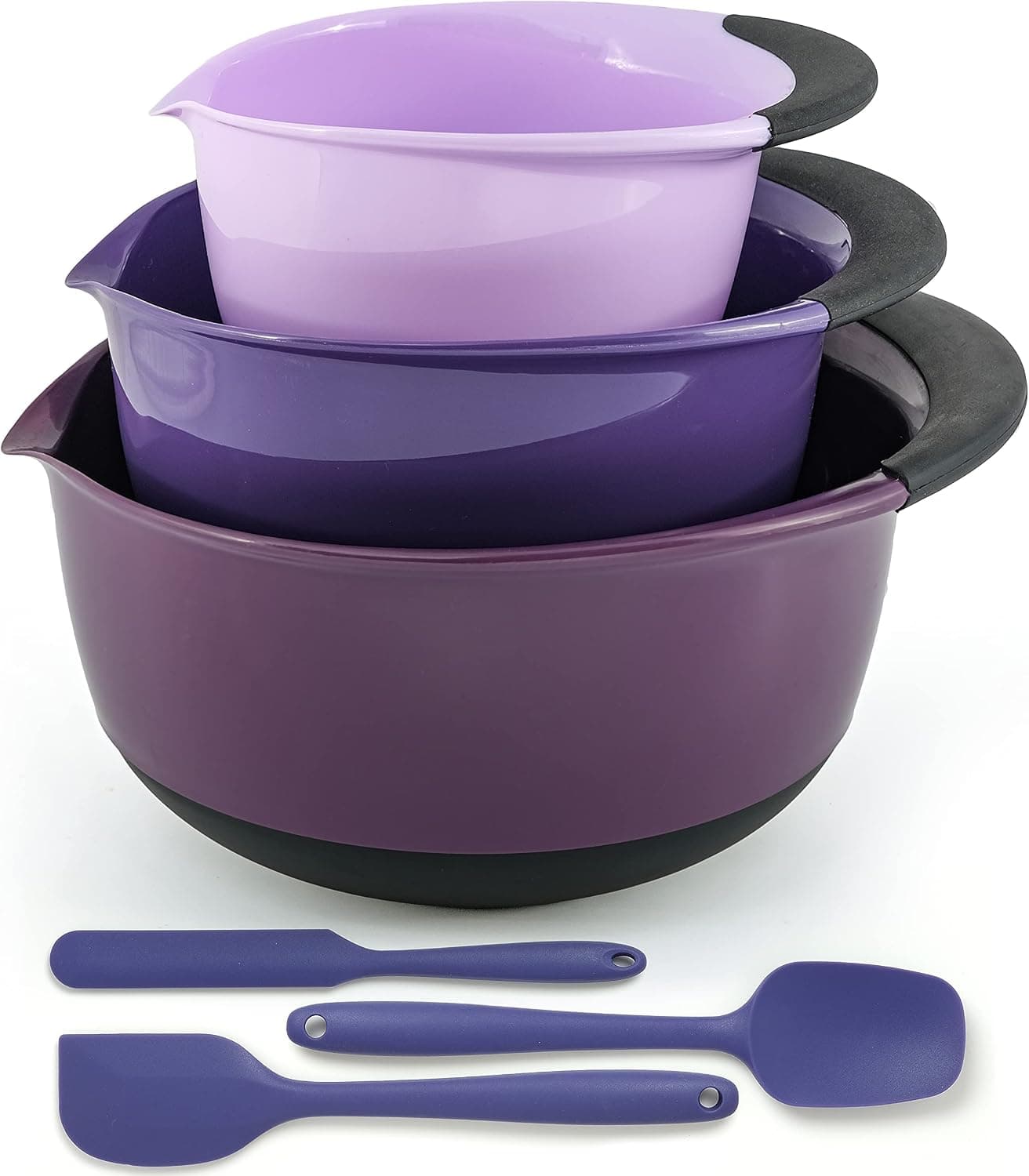 Set Bowls for Mixing with Pour Spout | Non Slip Bottom Mixing Bowls with Rubber Handles | Plastic Mixing Bowl Set with 5, 3, 1.5 Quart Nested Bowls + Silicone Spatulas 3 pack by CammilaStore