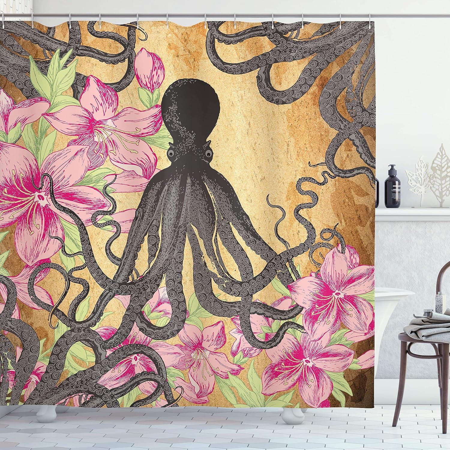 Ambesonne Octopus Shower Curtain, Kraken Roses Leaves Tentacles Vintage Antiqued Sea Life Theme, Cloth Fabric Bathroom Decor Set with Hooks, 69" W x 70" L, Pale Brown Pink