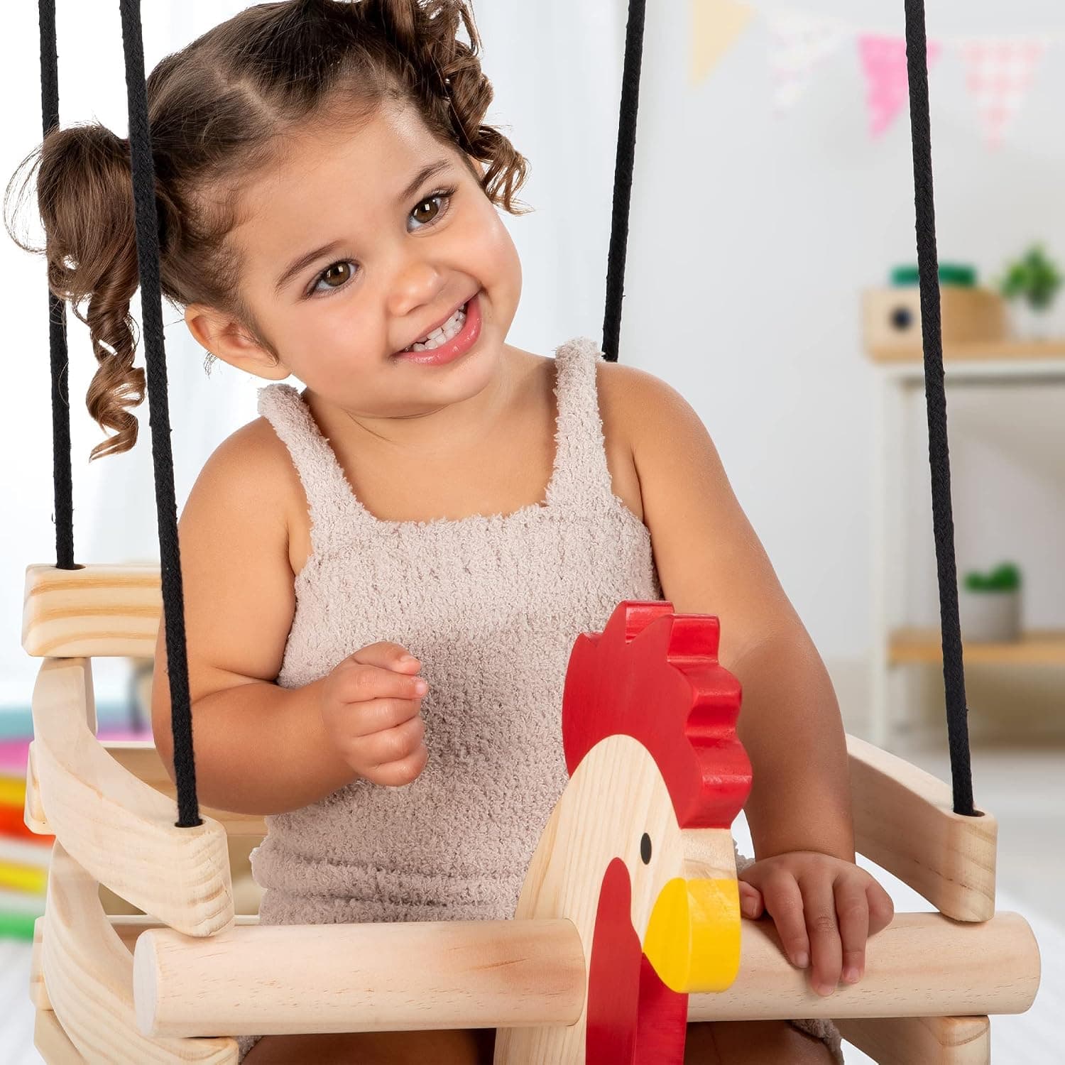Lullox - Wooden Swing - Includes Strong Straps & Rust-Proof Carabiners - Baby Swing Outdoor, Hanging Swing, Secured High Back Seat Wooden Swing Set