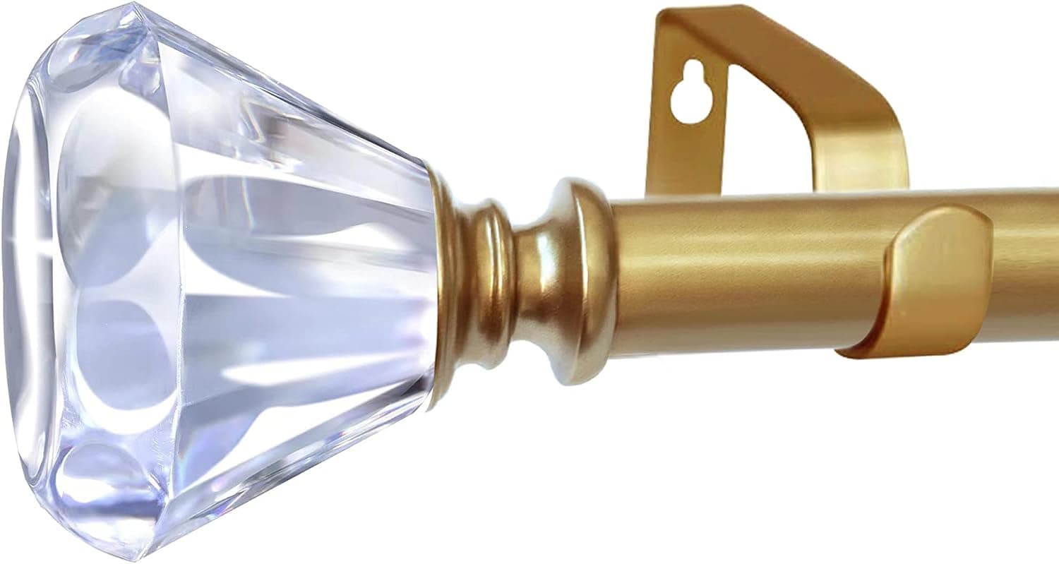 1 Inch Curtain Rods for windows 36 to 72", Adjustable Curtain Rod with Acrylic Crystal Diamond Finials, Single Drapery Rod and Bracket Set(Gold)