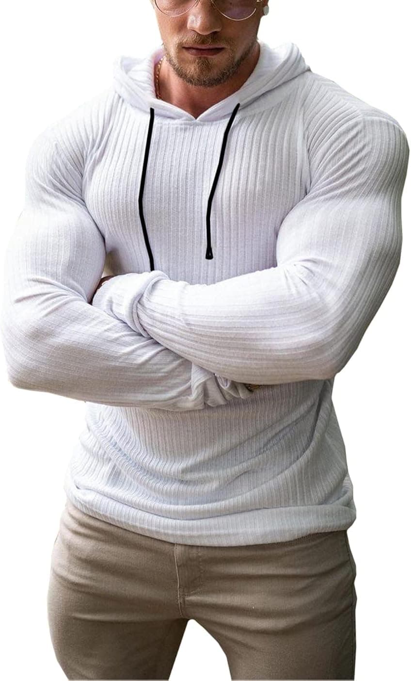 KELLORENA Men's Muscle Hoodies Stretch Long Sleeve Hooded Sweatshirt Fashion Lightweight Ribbed Gym Shirt