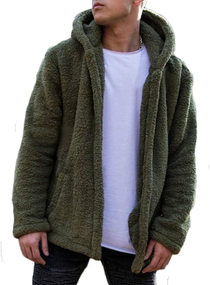 Men Hooded Jacket Fuzzy Sherpa Fleece Open Front Cardigan Winter Coat with Pockets (XXL, Green)
