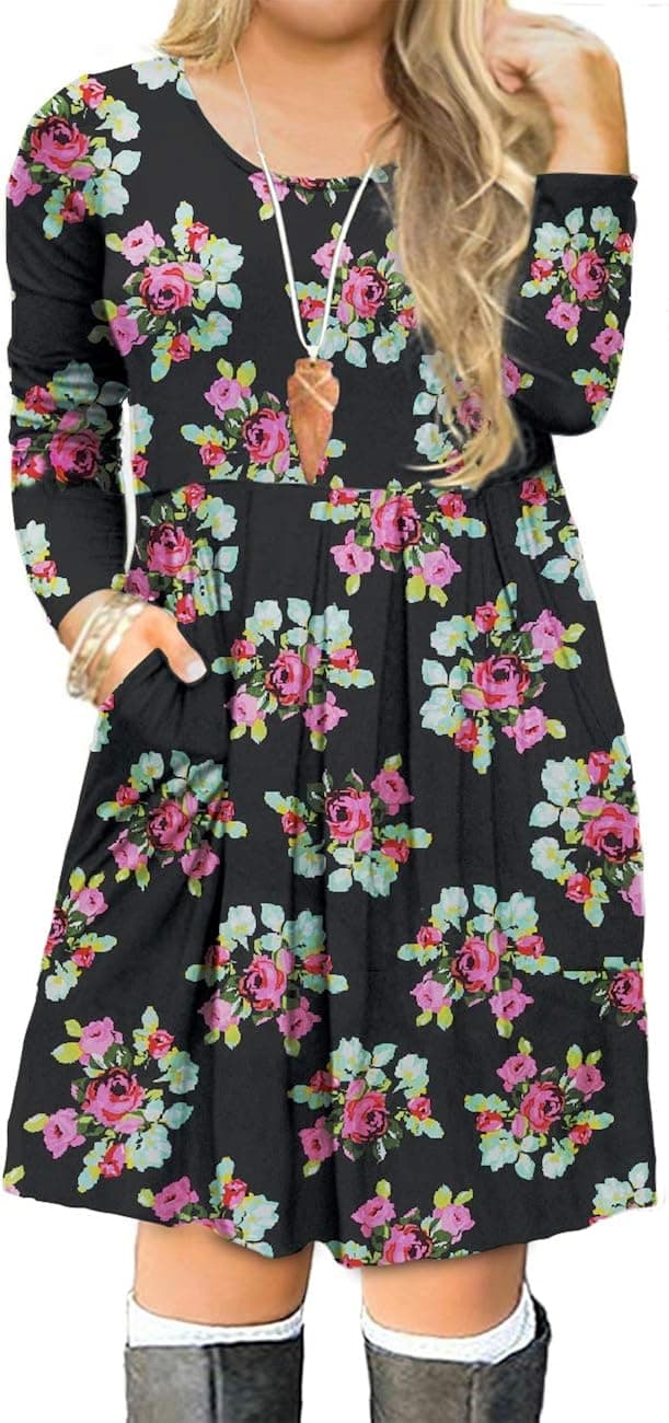Tralilbee Women's Plus Size Long Sleeve Casual T-Shirt Dress with Pockets 09 L