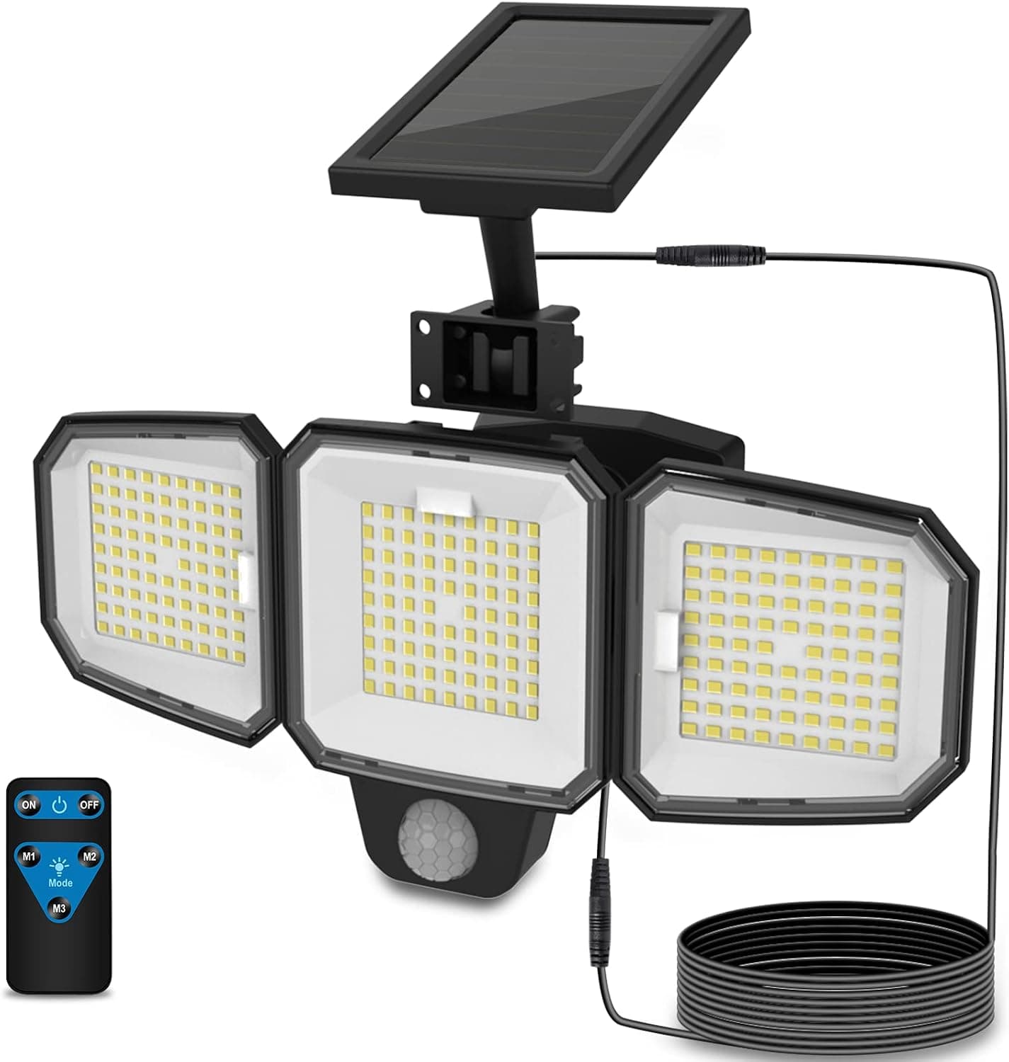 CEOTIS Solar Outdoor Lights, IP65 Waterproof 3 Heads Security Floodlight, Separate Solar Panel, 3500LM Motion Sensor Light, Remote Control LED Lights for Garage Yard
